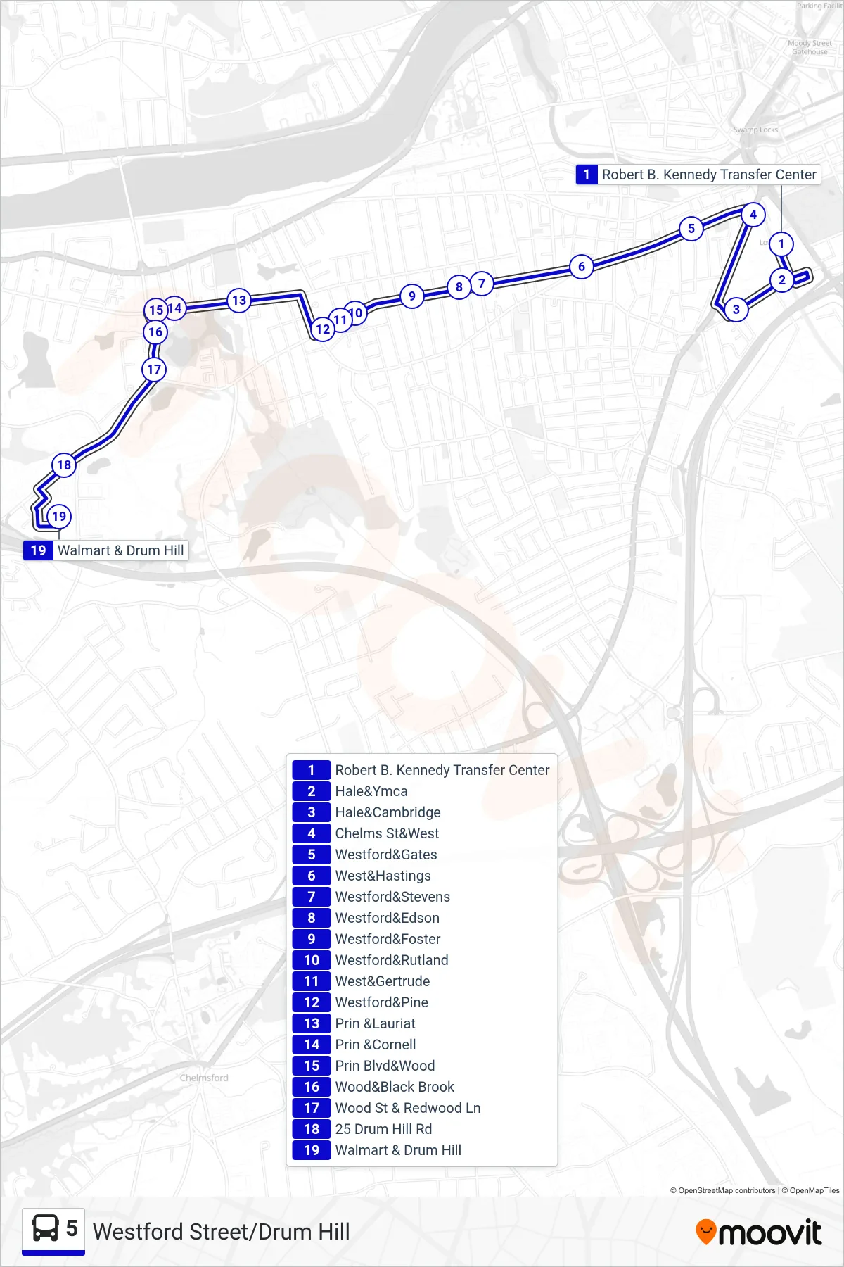 5 bus Line (Westford Street/Drum Hill) route and stops on a map