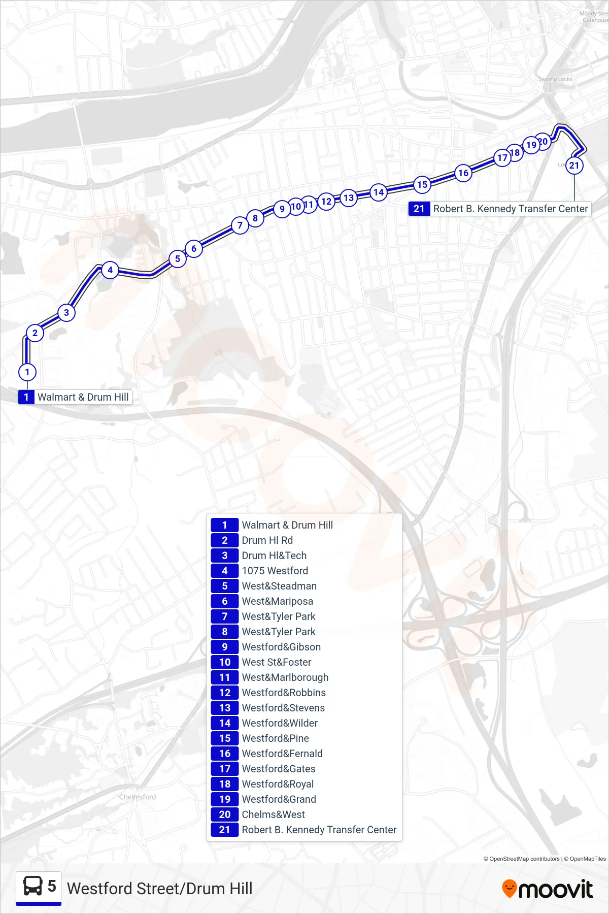 5 bus Line (Kennedy Center) route and stops on a map