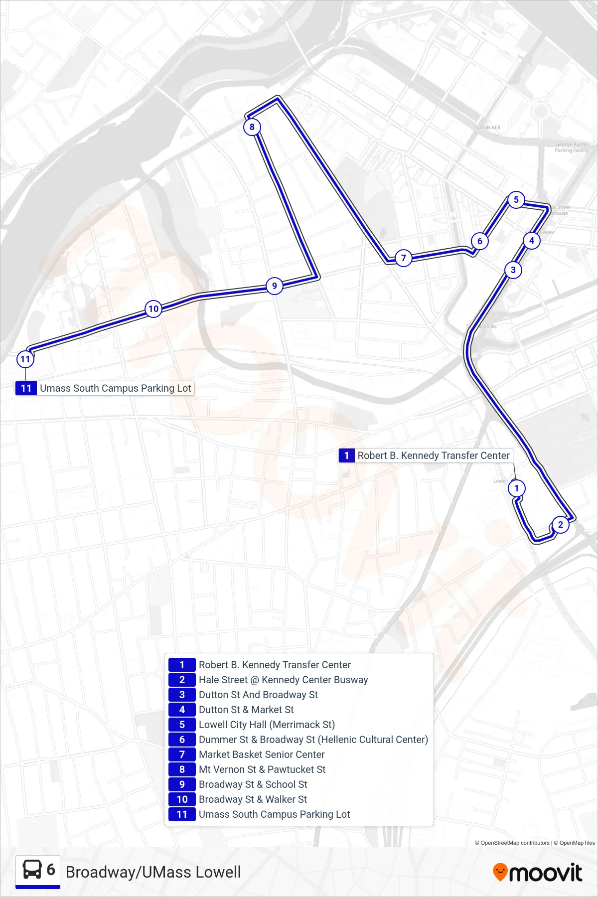 6 bus Line (Umass) route and stops on a map