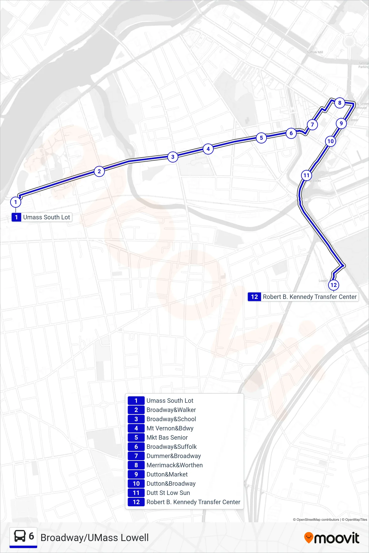 6 bus Line (Kennedy Center) route and stops on a map