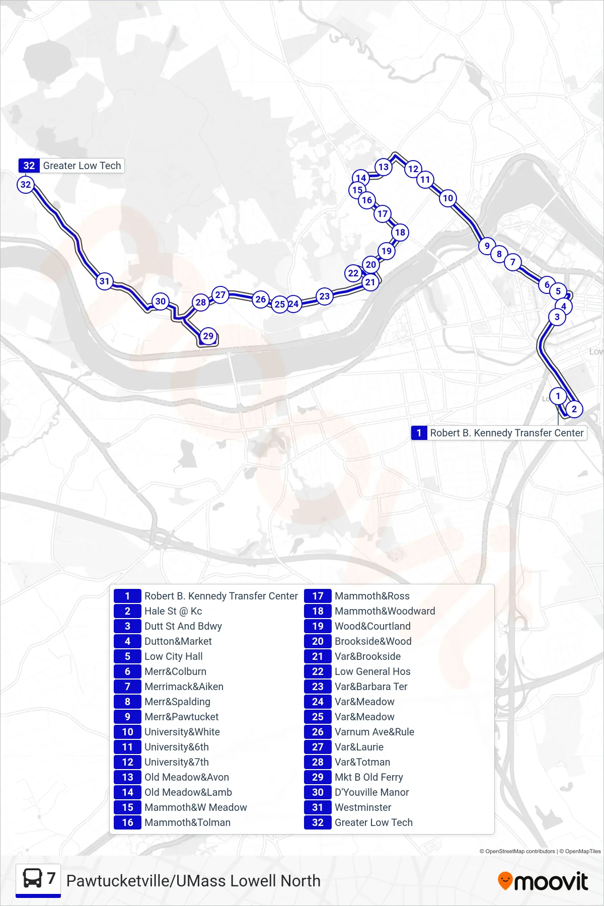 7 bus Line (Pawtucketville/Umass Lowell North) route and stops on a map