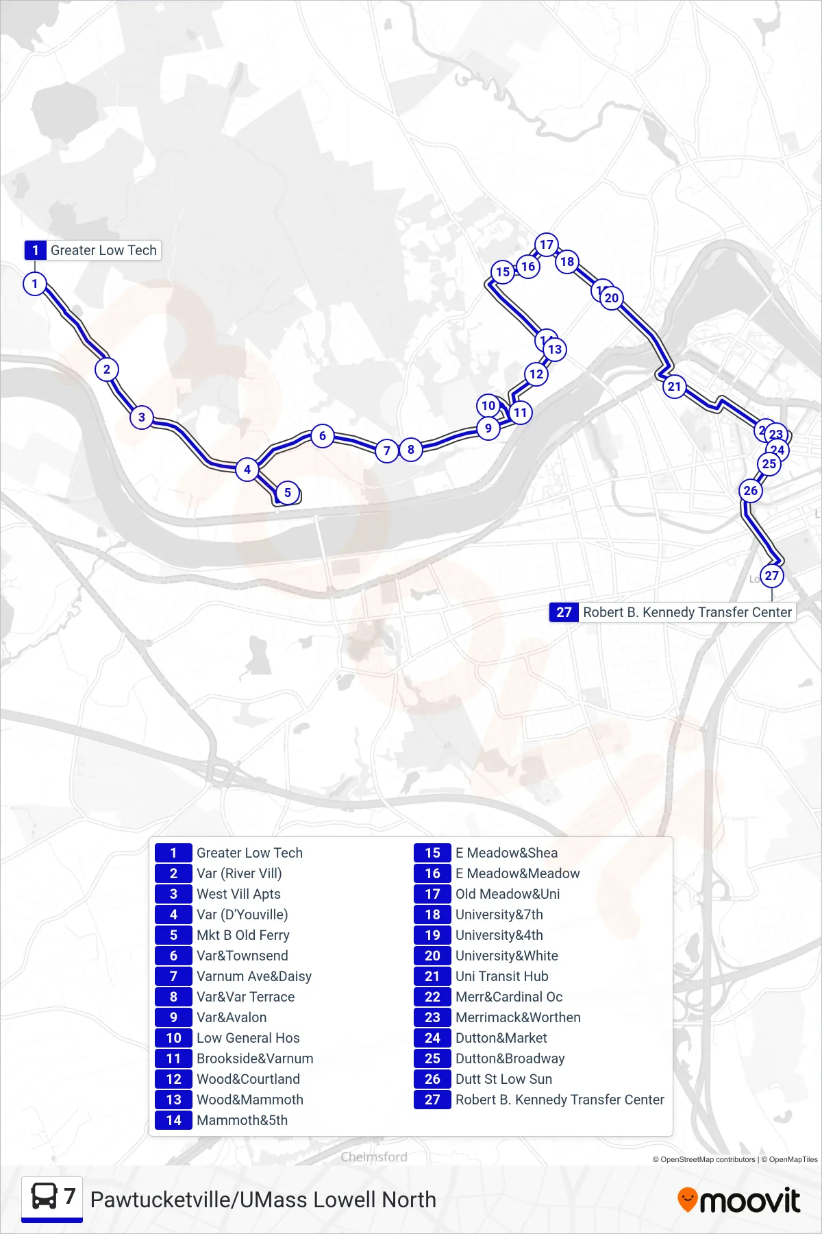7 bus Line (Kennedy Center) route and stops on a map