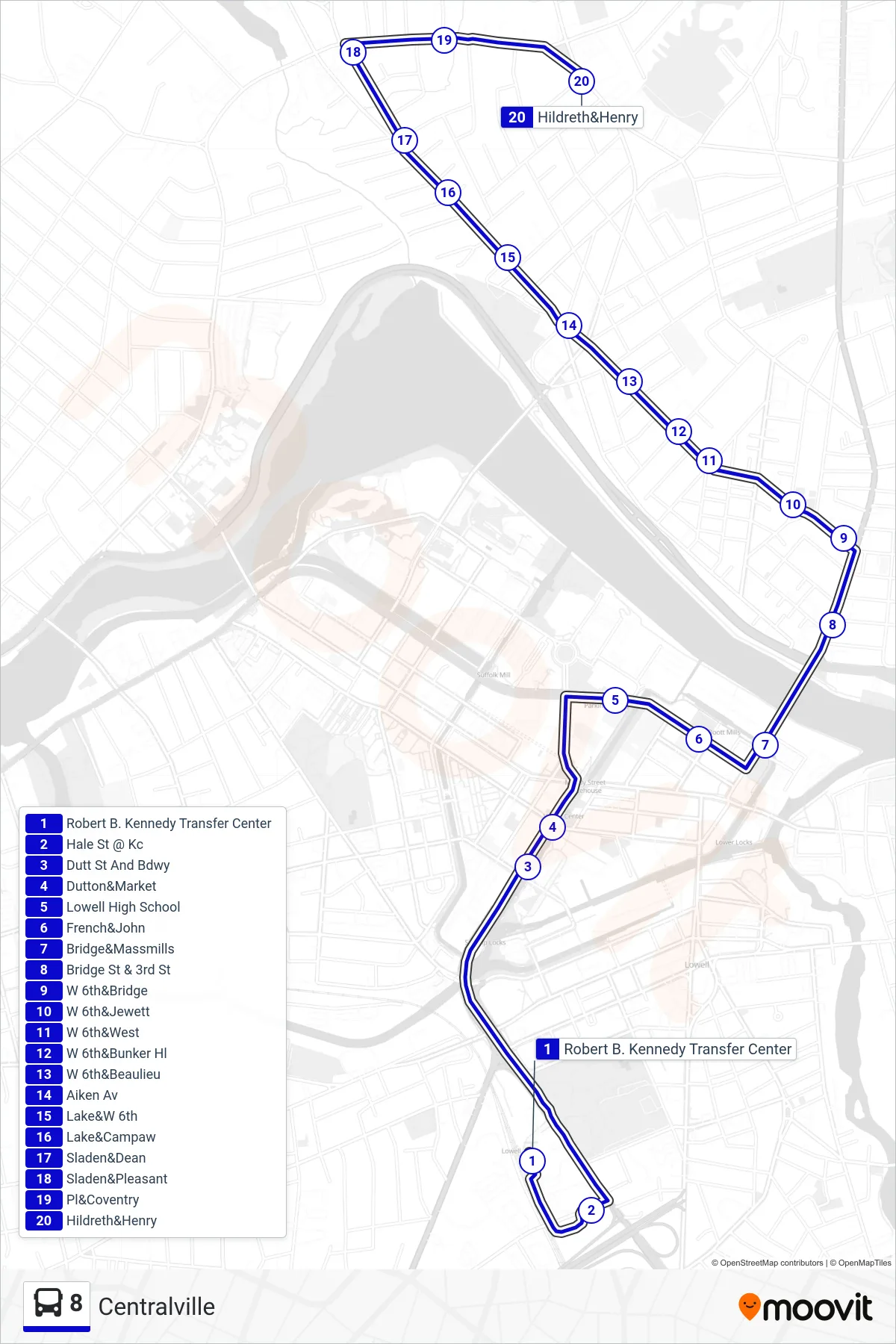 8 bus Line (Centralville) route and stops on a map
