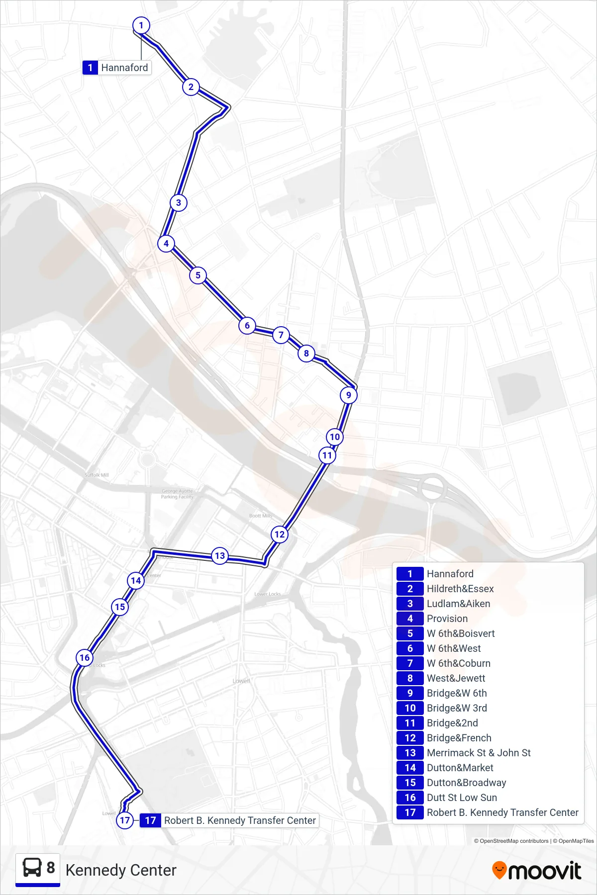 8 bus Line (Kennedy Center) route and stops on a map