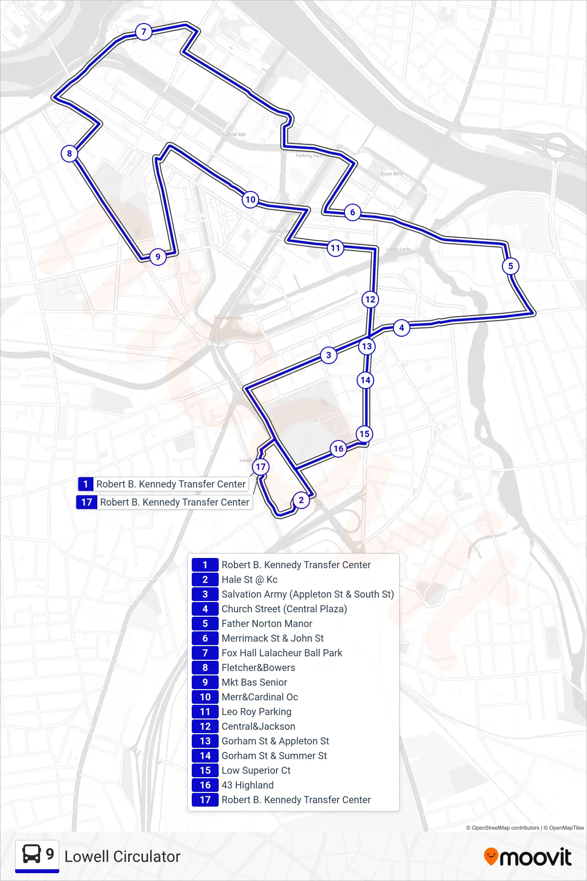 9 bus Line (Lowell Circulator) route and stops on a map
