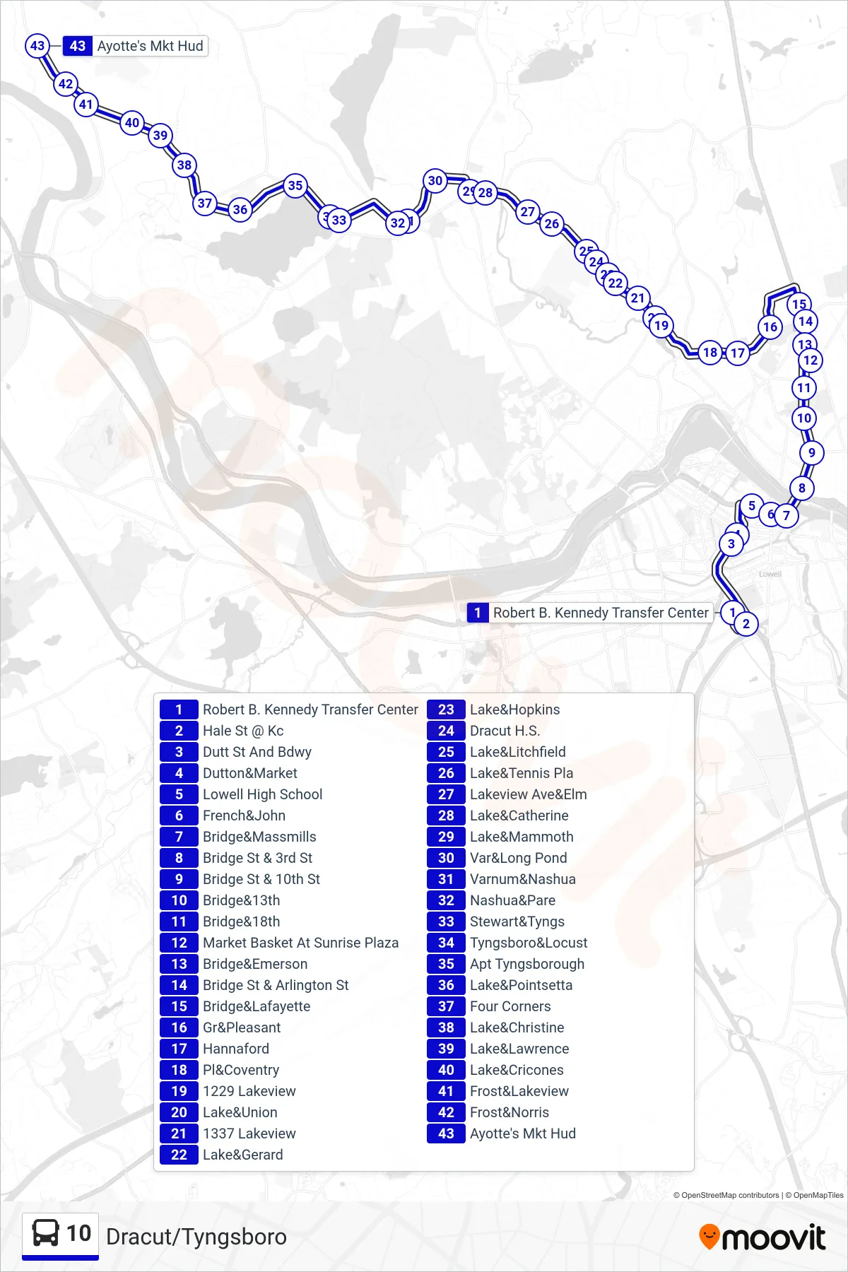 10 bus Line (Dracut/Tyngsboro) route and stops on a map