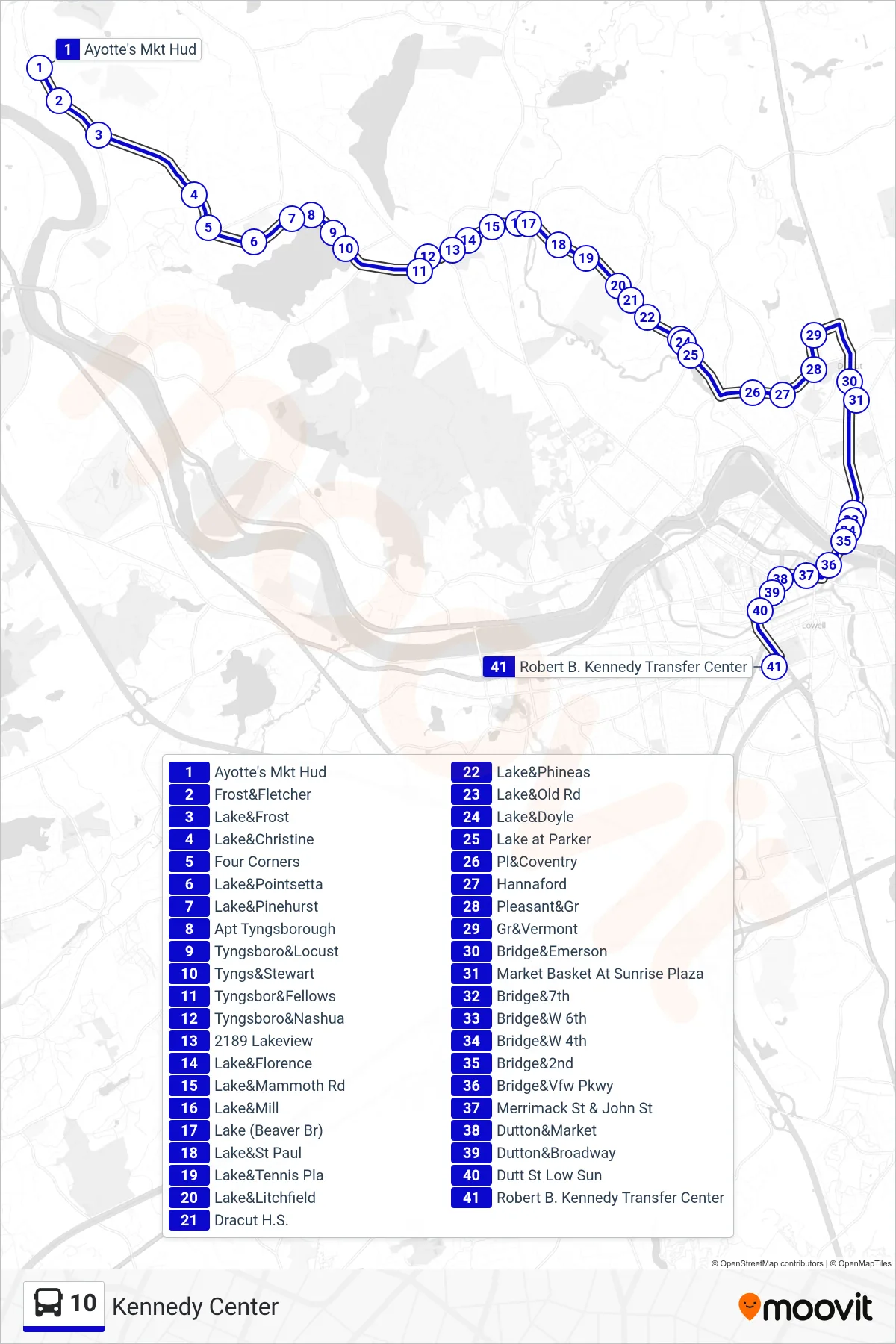 10 bus Line (Kennedy Center) route and stops on a map