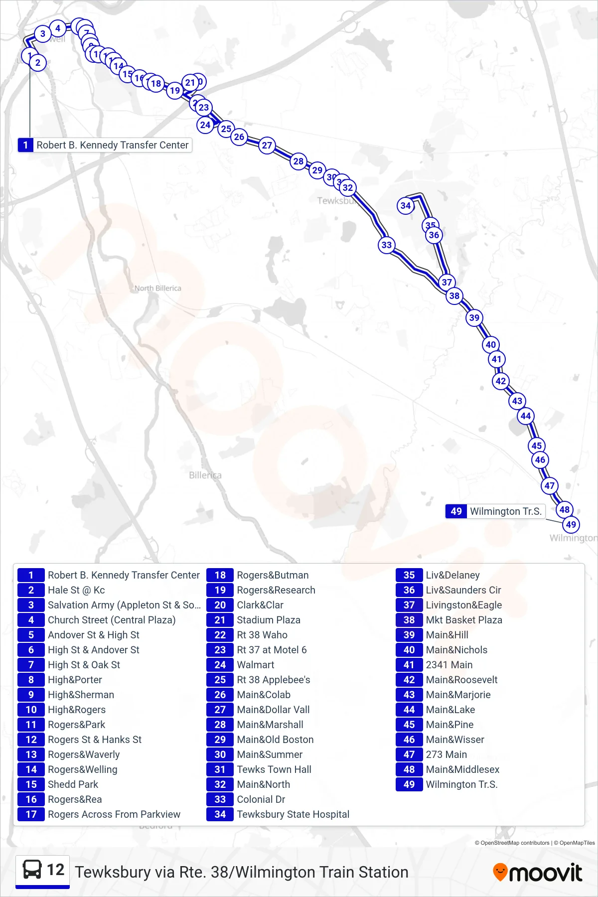 12 bus Line (Tewksbury Via Rte. 38/Wilmington Train Station) route and stops on a map