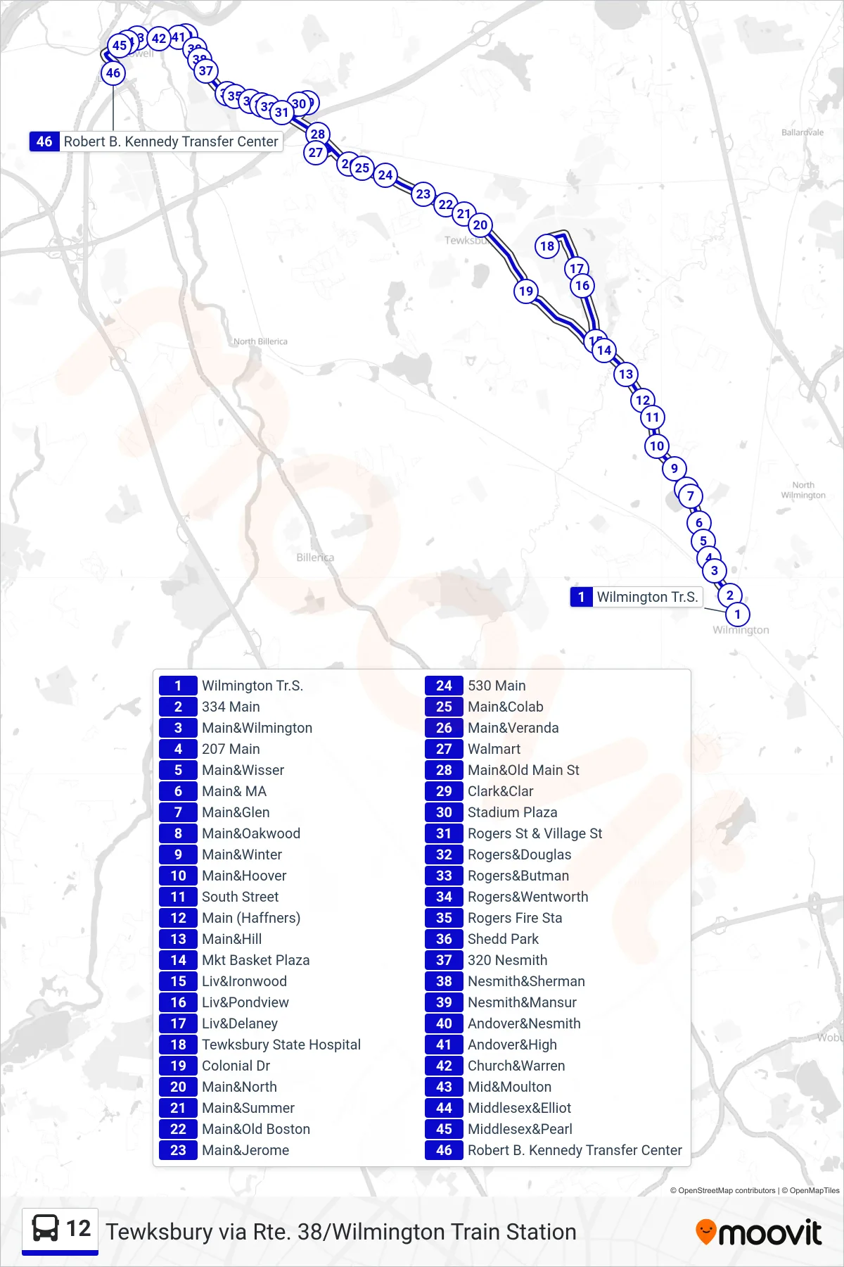 12 bus Line (Kennedy Center) route and stops on a map