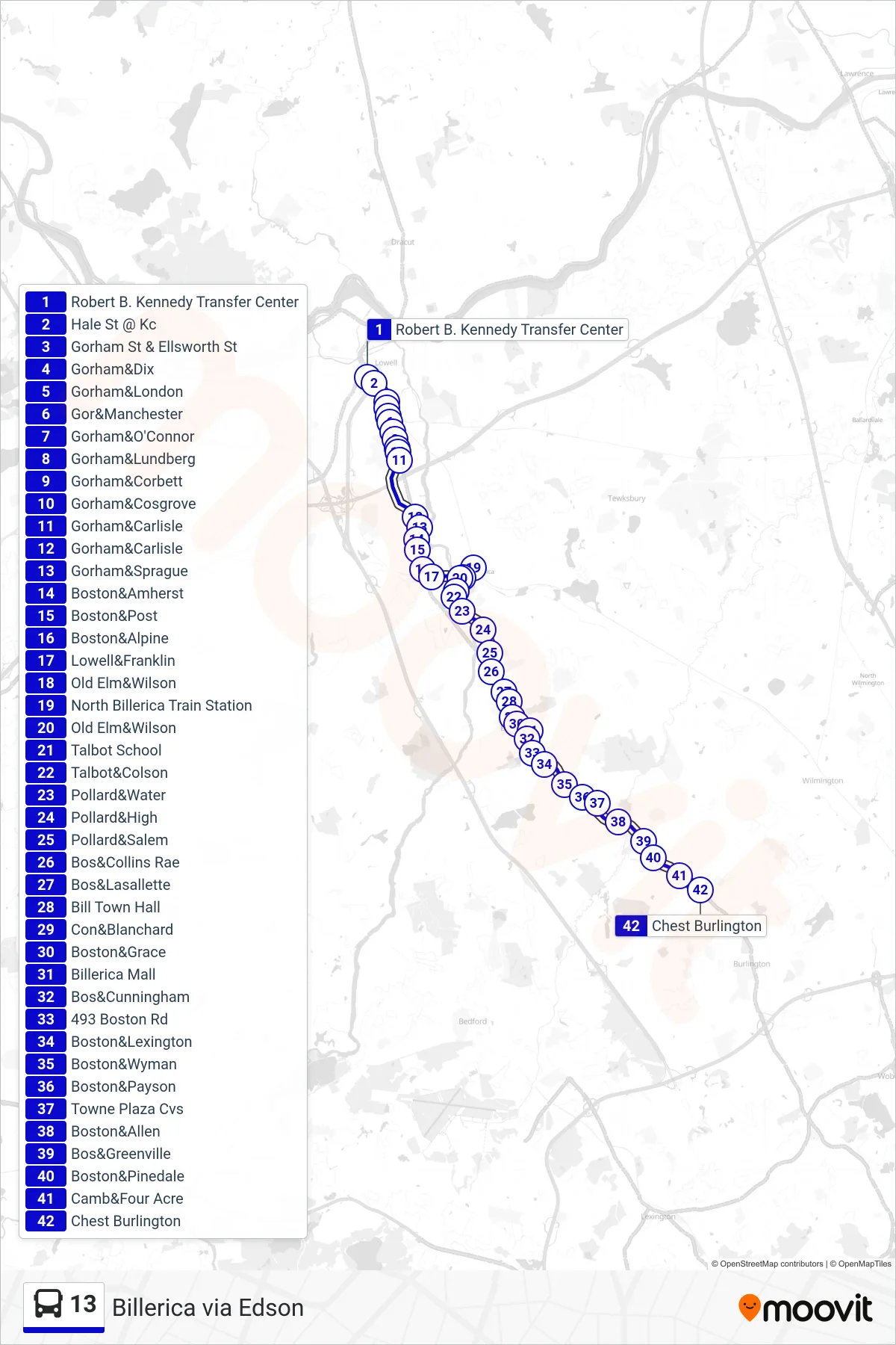 13 bus Line (Billerica Via Edson) route and stops on a map