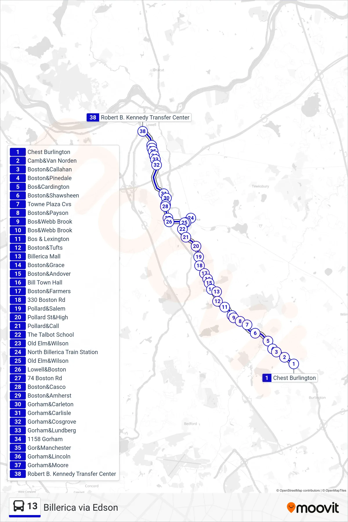 13 bus Line (Kennedy Center) route and stops on a map