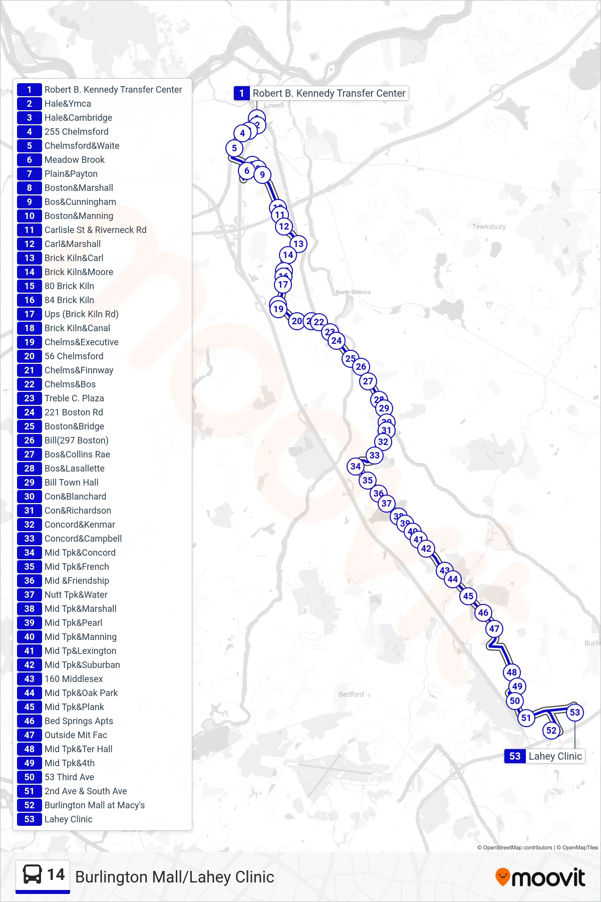 14 bus Line (Burlington Mall/Lahey Clinic) route and stops on a map