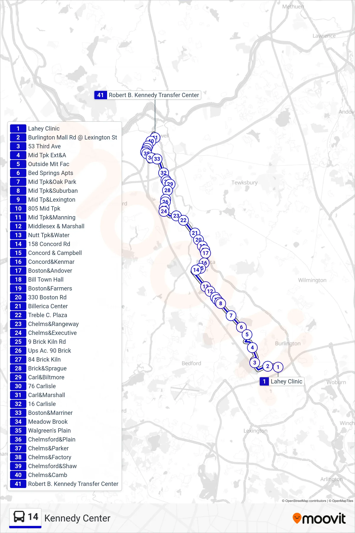 14 bus Line (Kennedy Center) route and stops on a map