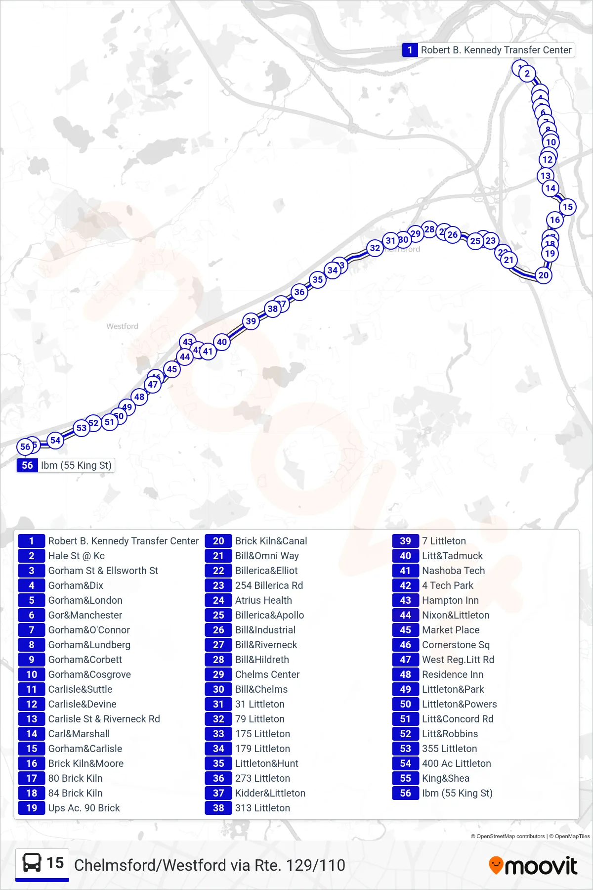 15 bus Line (Chelmsford/Westford Via Rte. 129/110) route and stops on a map