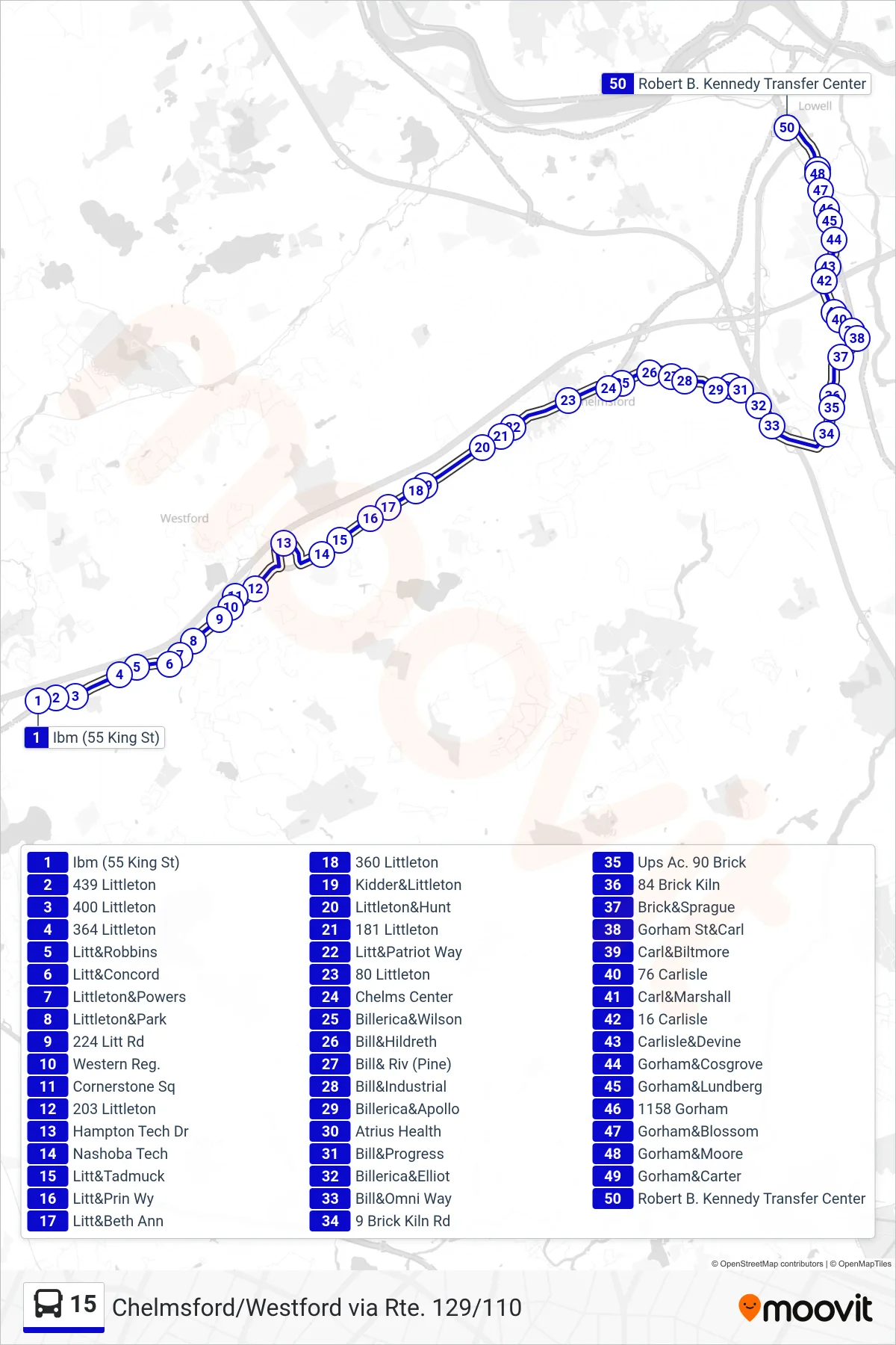 15 bus Line (Kennedy Center) route and stops on a map