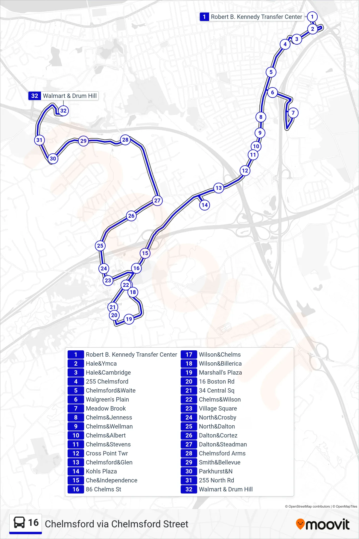 16 bus Line (Chelmsford Via Chelmsford Street) route and stops on a map