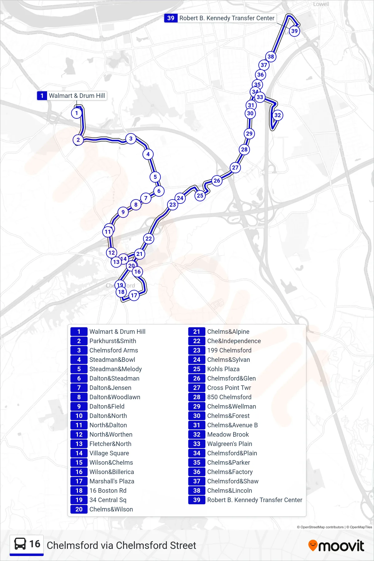 16 bus Line (Kennedy Center) route and stops on a map