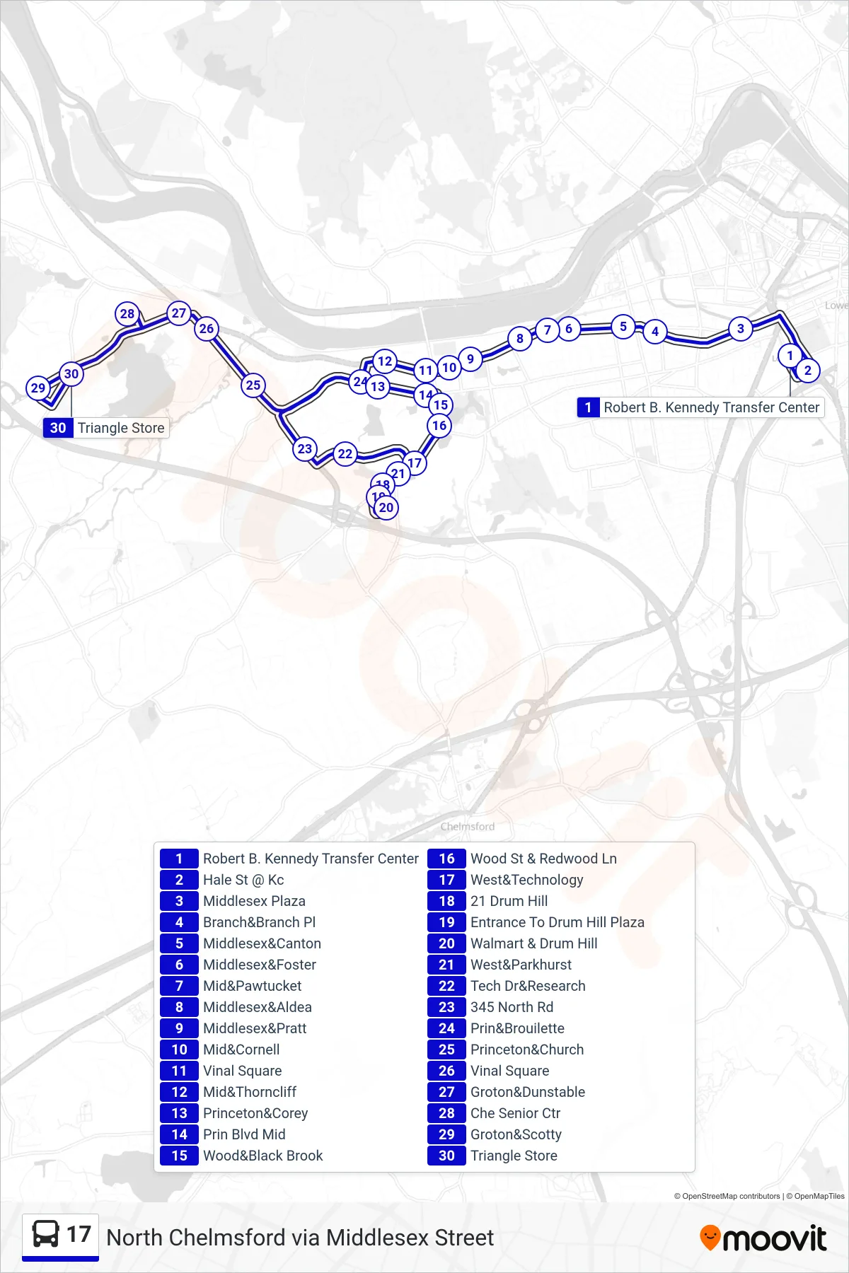 17 bus Line (North Chelmsford Via Middlesex Street) route and stops on a map