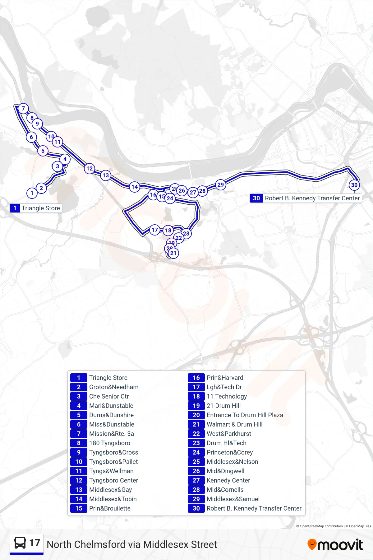17 bus Line (Kennedy Center) route and stops on a map