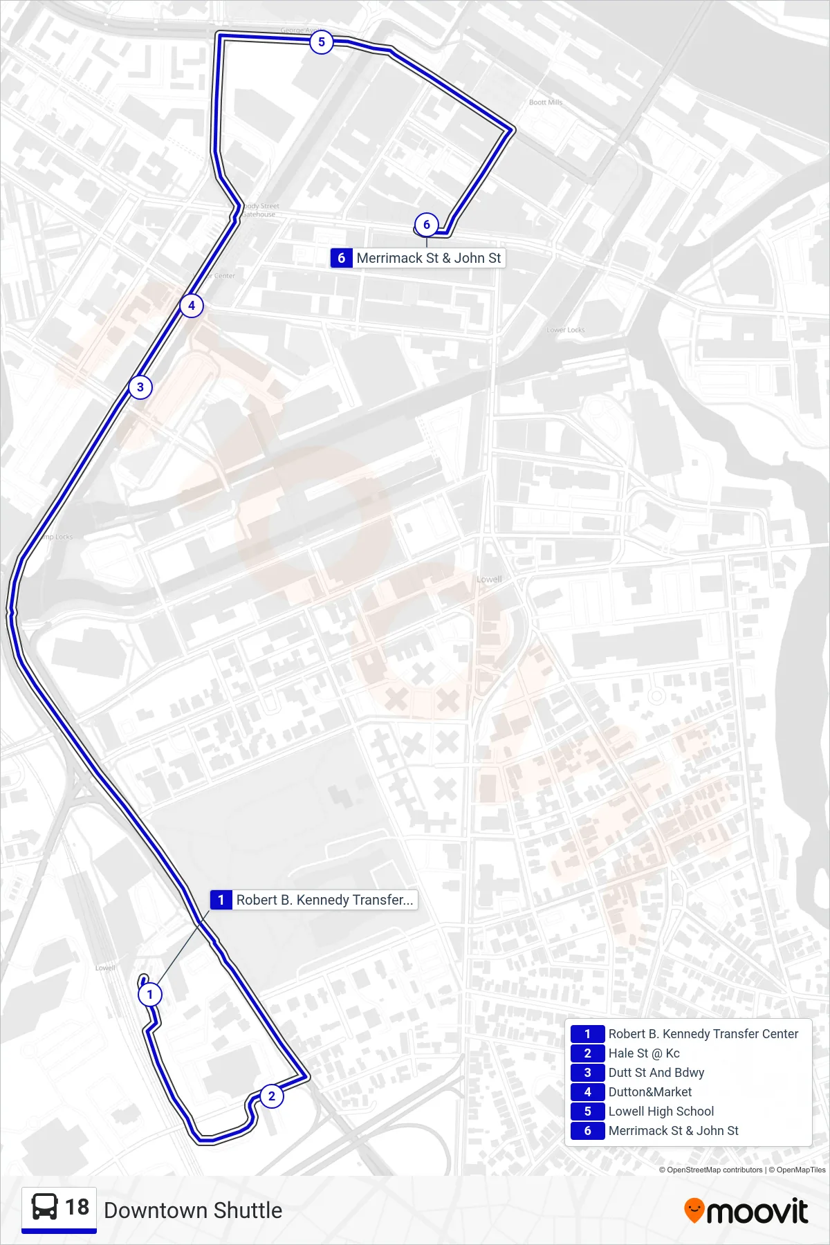 18 bus Line (Downtown Shuttle) route and stops on a map