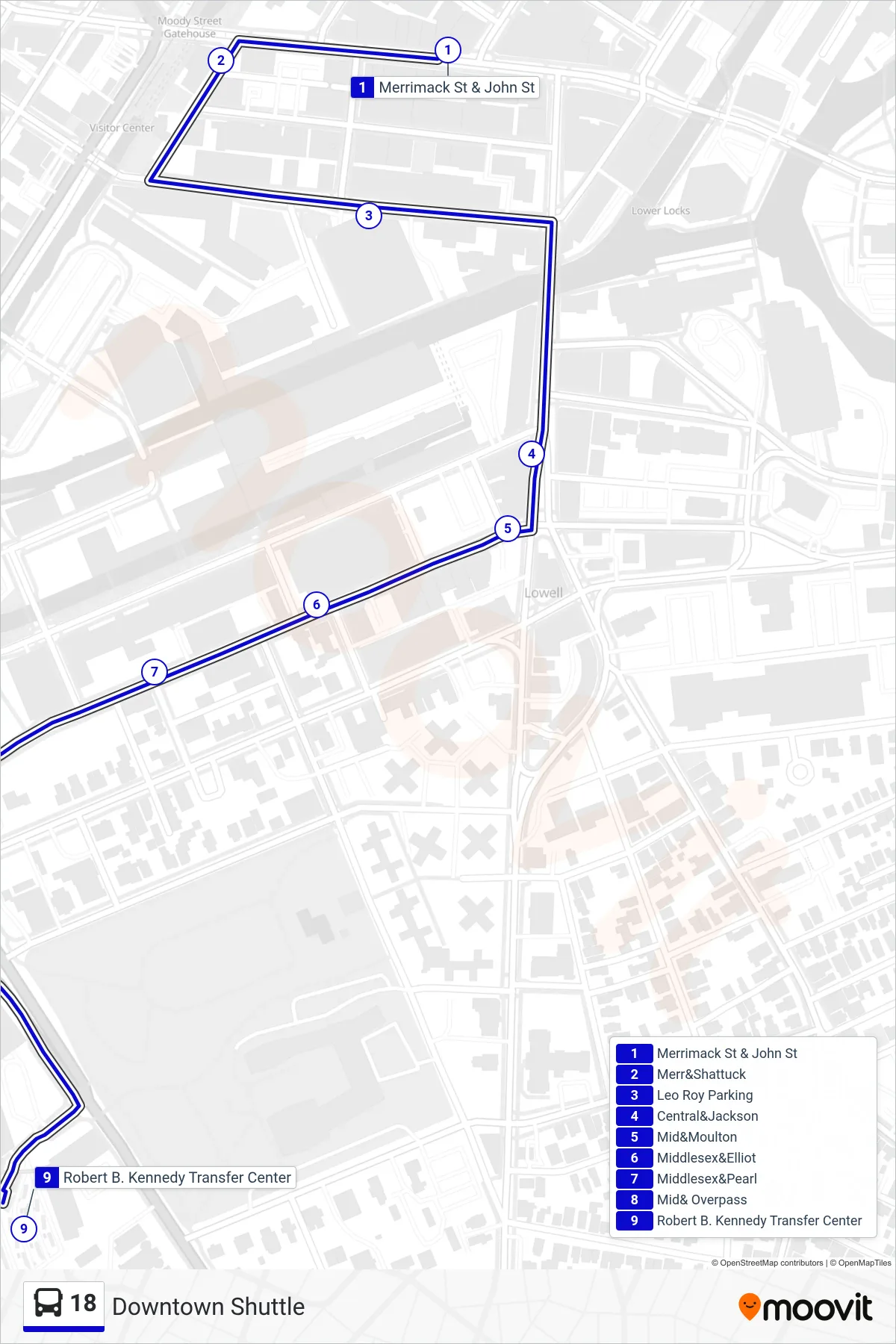 18 bus Line (Kennedy Center) route and stops on a map