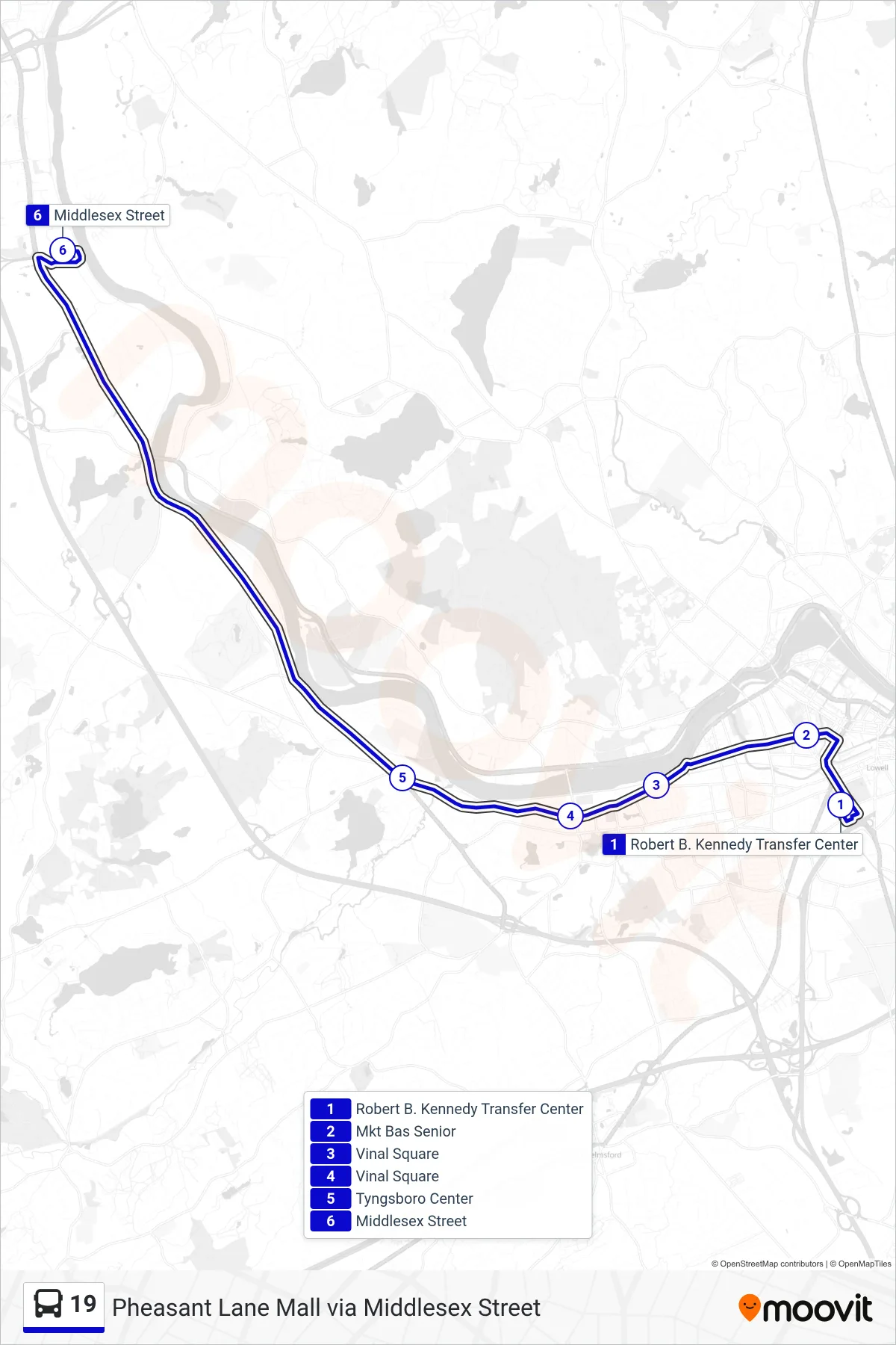 19 bus Line (Pheasant Lane Mall) route and stops on a map