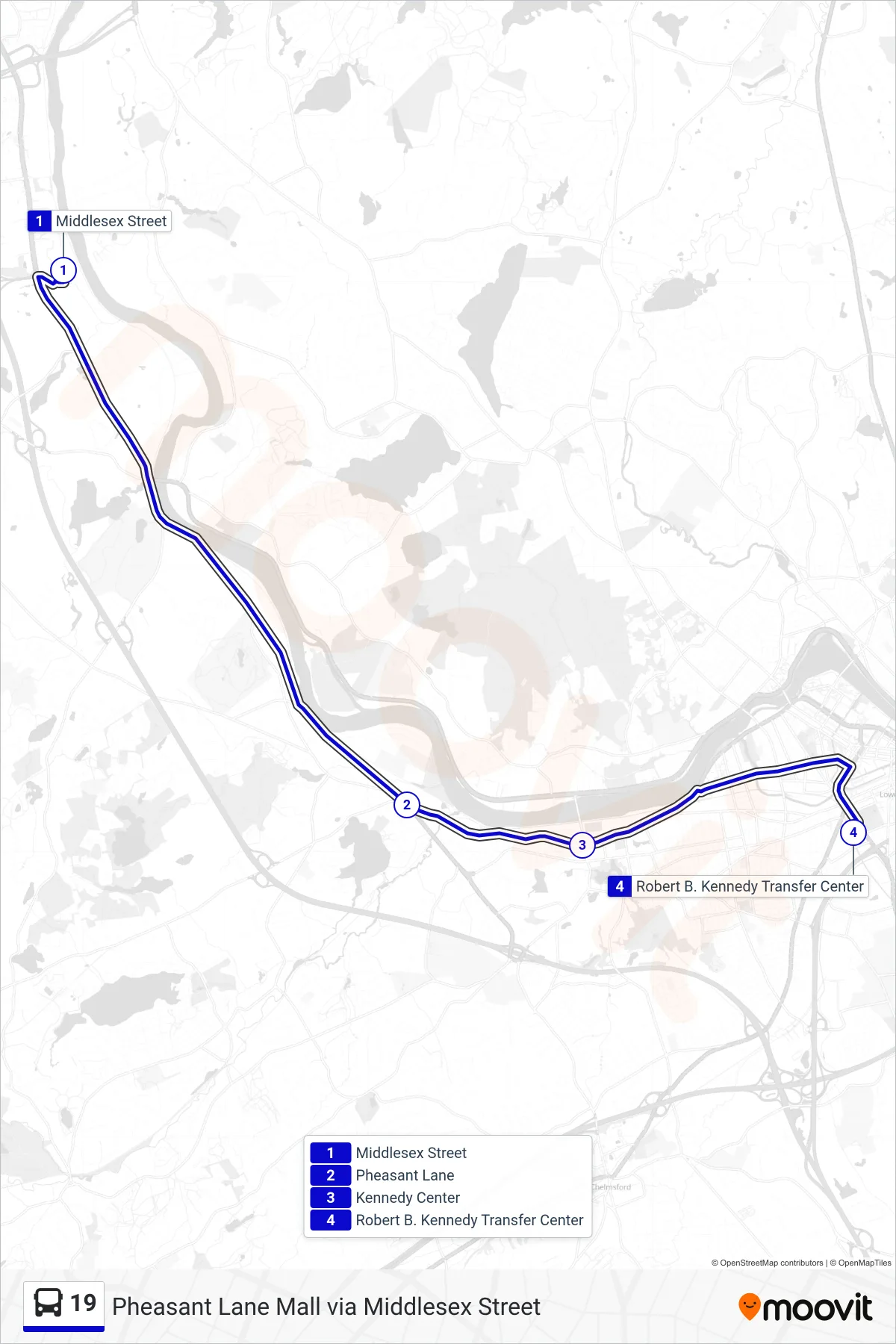 19 bus Line (Kennedy Center) route and stops on a map