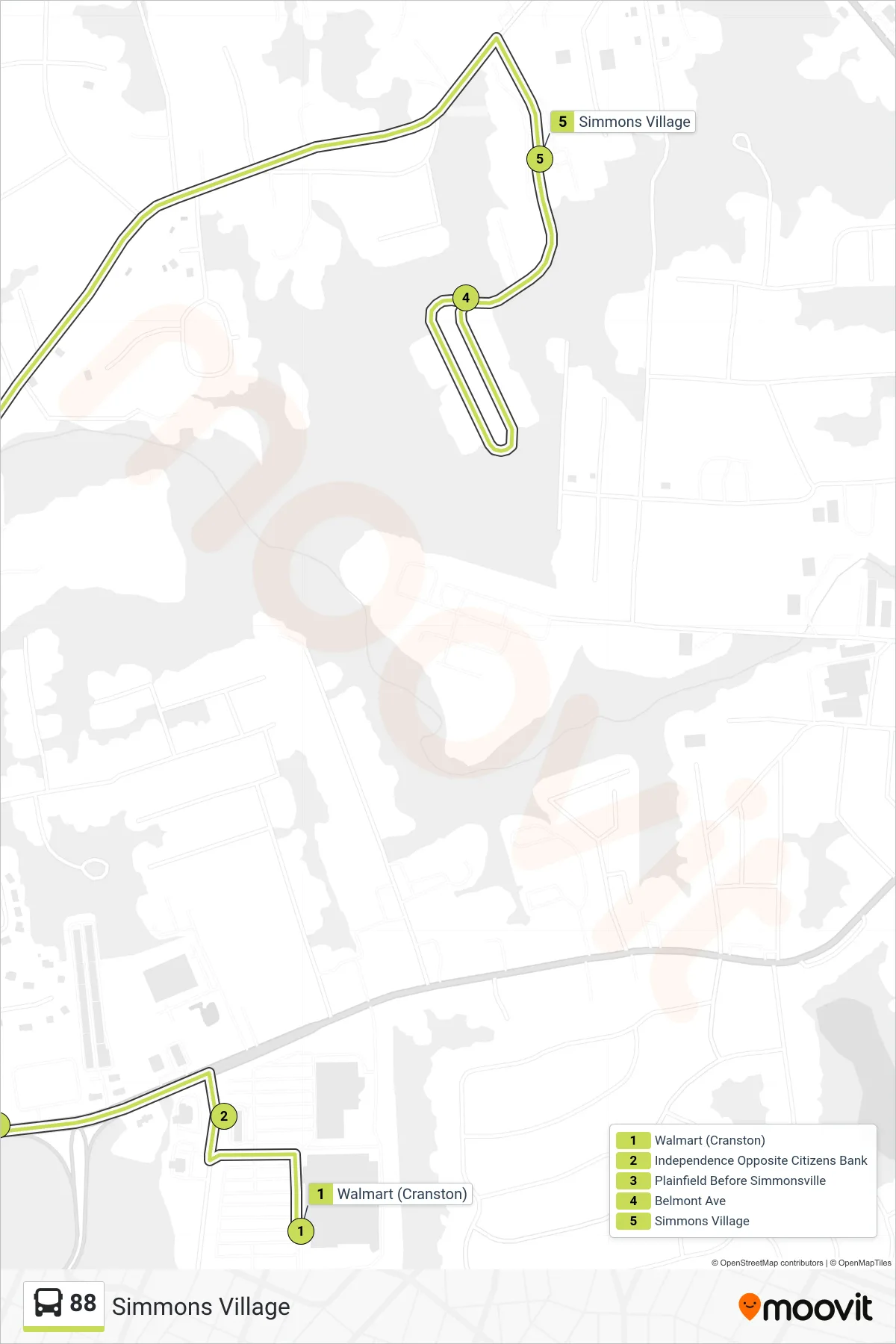 88 bus Line (Simmons Village) route and stops on a map