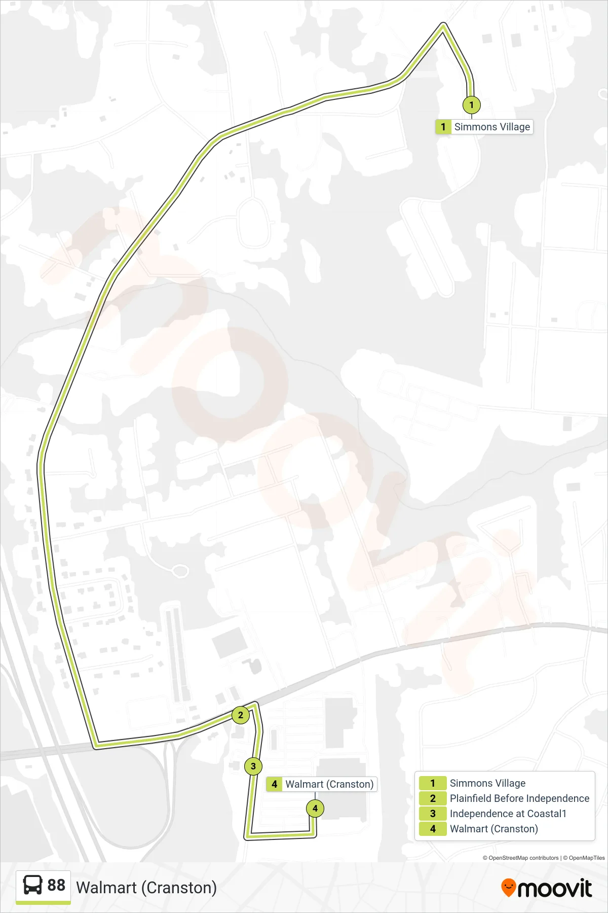 88 bus Line (Walmart (Cranston)) route and stops on a map