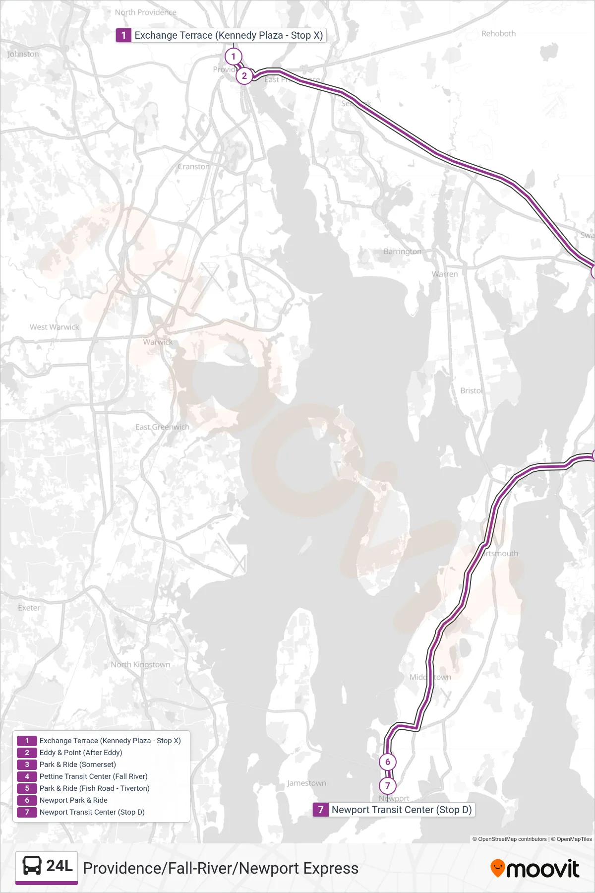 24L bus Line (Newport) route and stops on a map