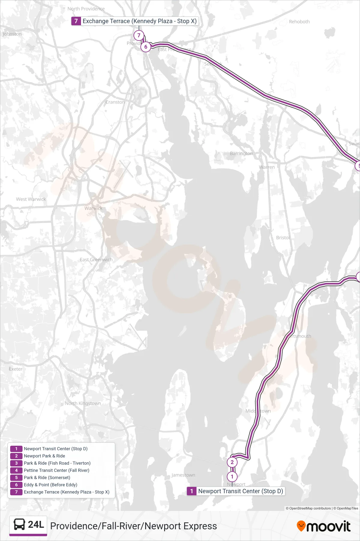 24L bus Line (Providence) route and stops on a map