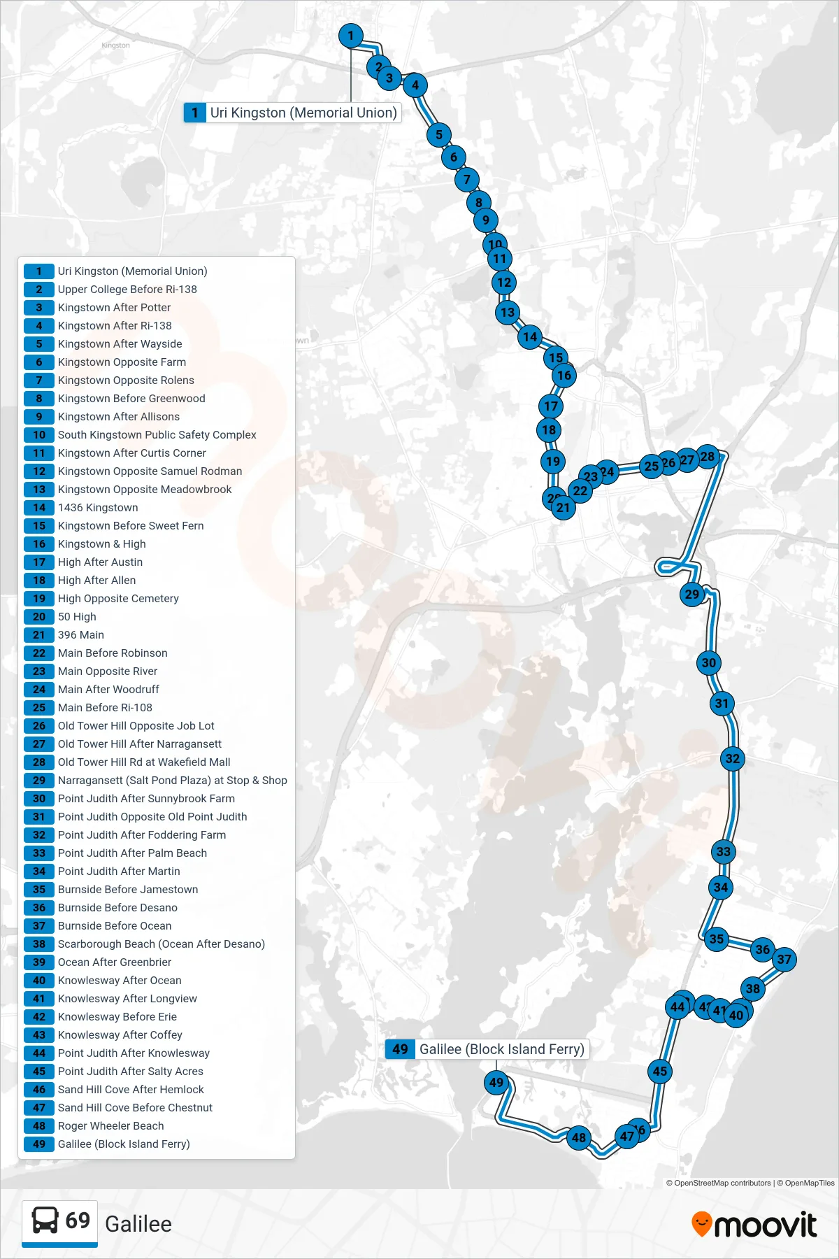 69 bus Line (Galilee) route and stops on a map