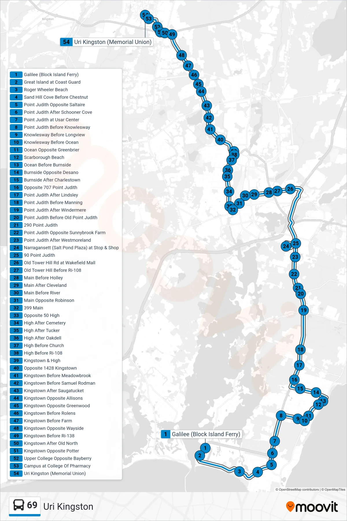 69 bus Line (Uri Kingston) route and stops on a map