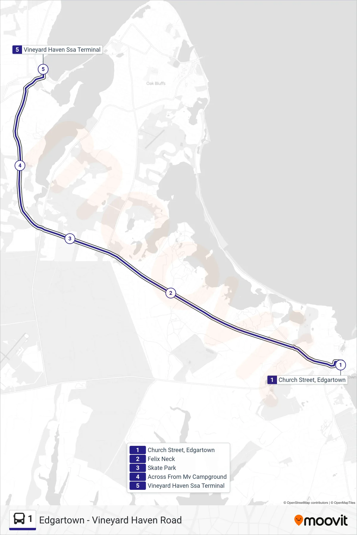1 bus Line (Edgartown To Vineyard Haven) route and stops on a map