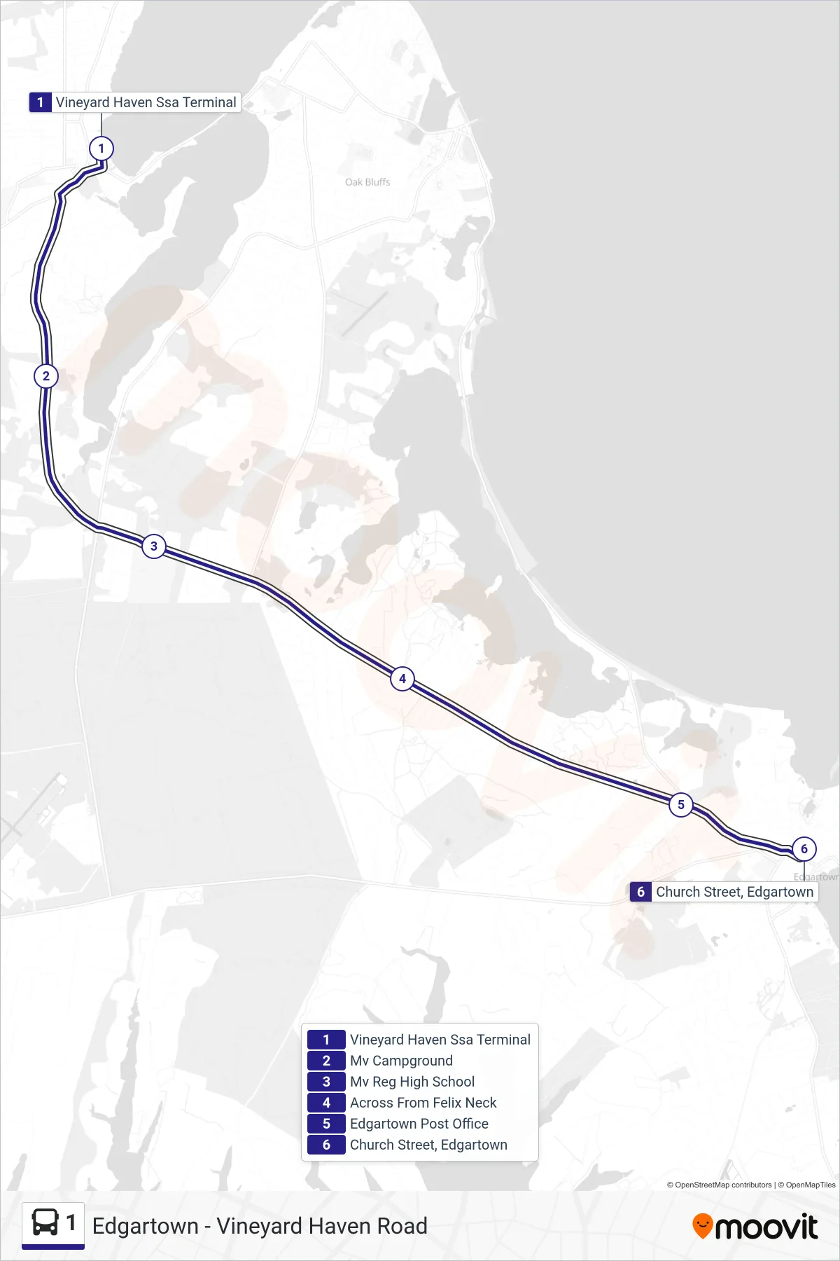 1 bus Line (Vineyard Haven To Edgartown) route and stops on a map