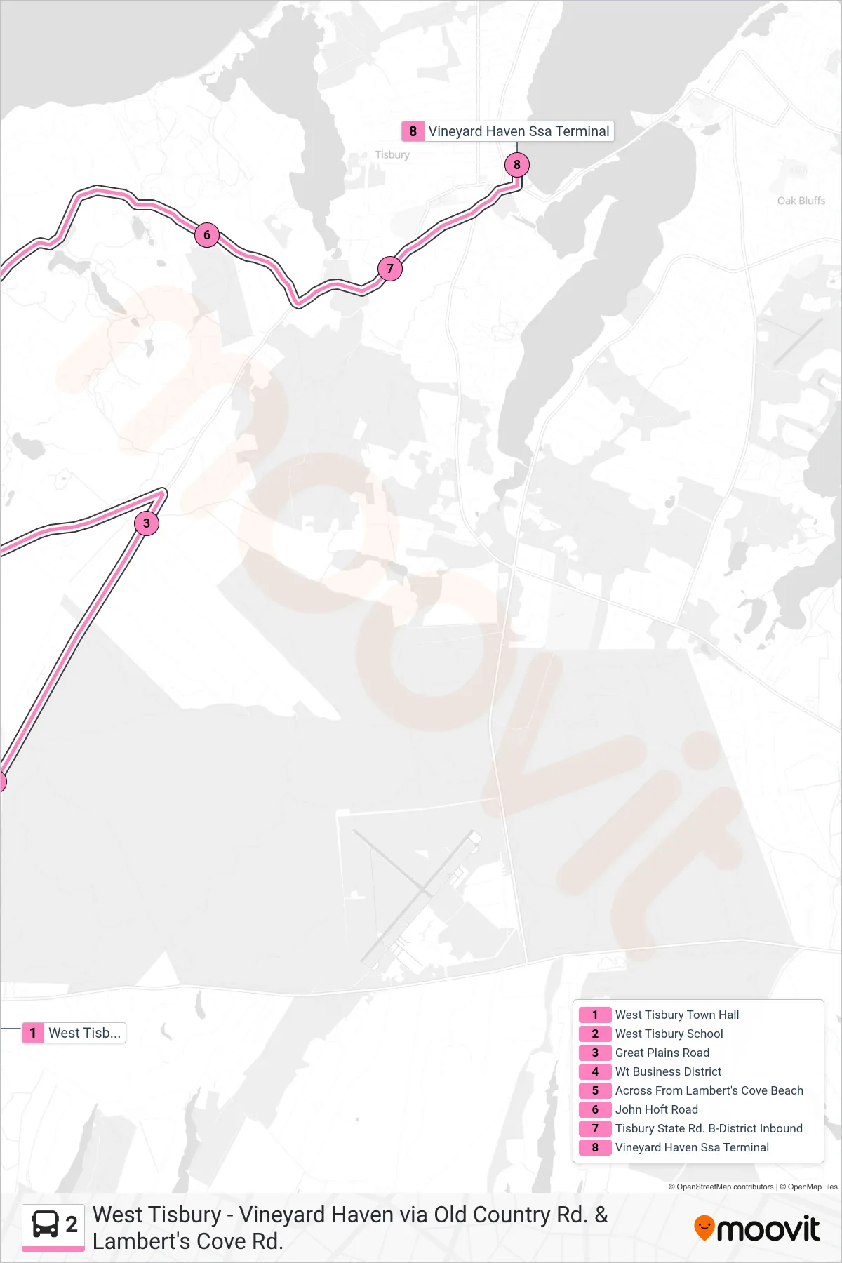 2 bus Line (West Tisbury To Vineyard Haven Via Old County & Lambert's Cove Road) route and stops on a map