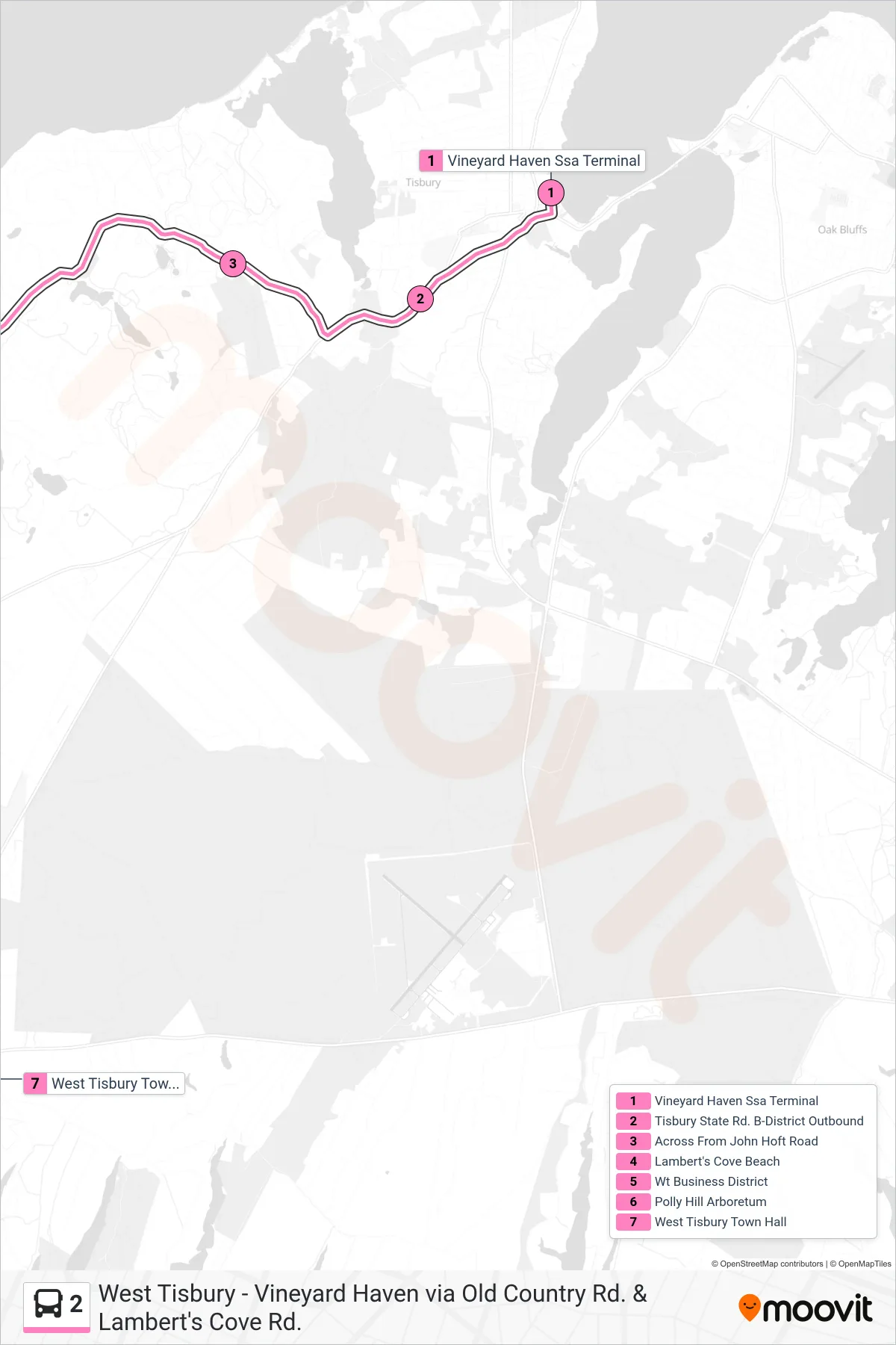 2 bus Line (Vineyard Haven To West Tisbury Via Lambert's Cove Road & State Road) route and stops on a map