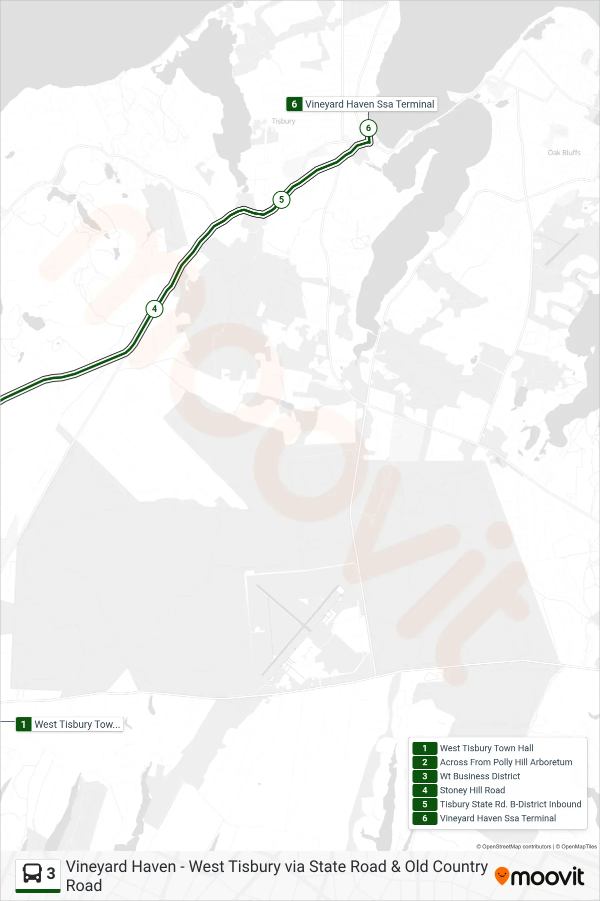 3 bus Line (West Tisbury To Vineyard Haven) route and stops on a map