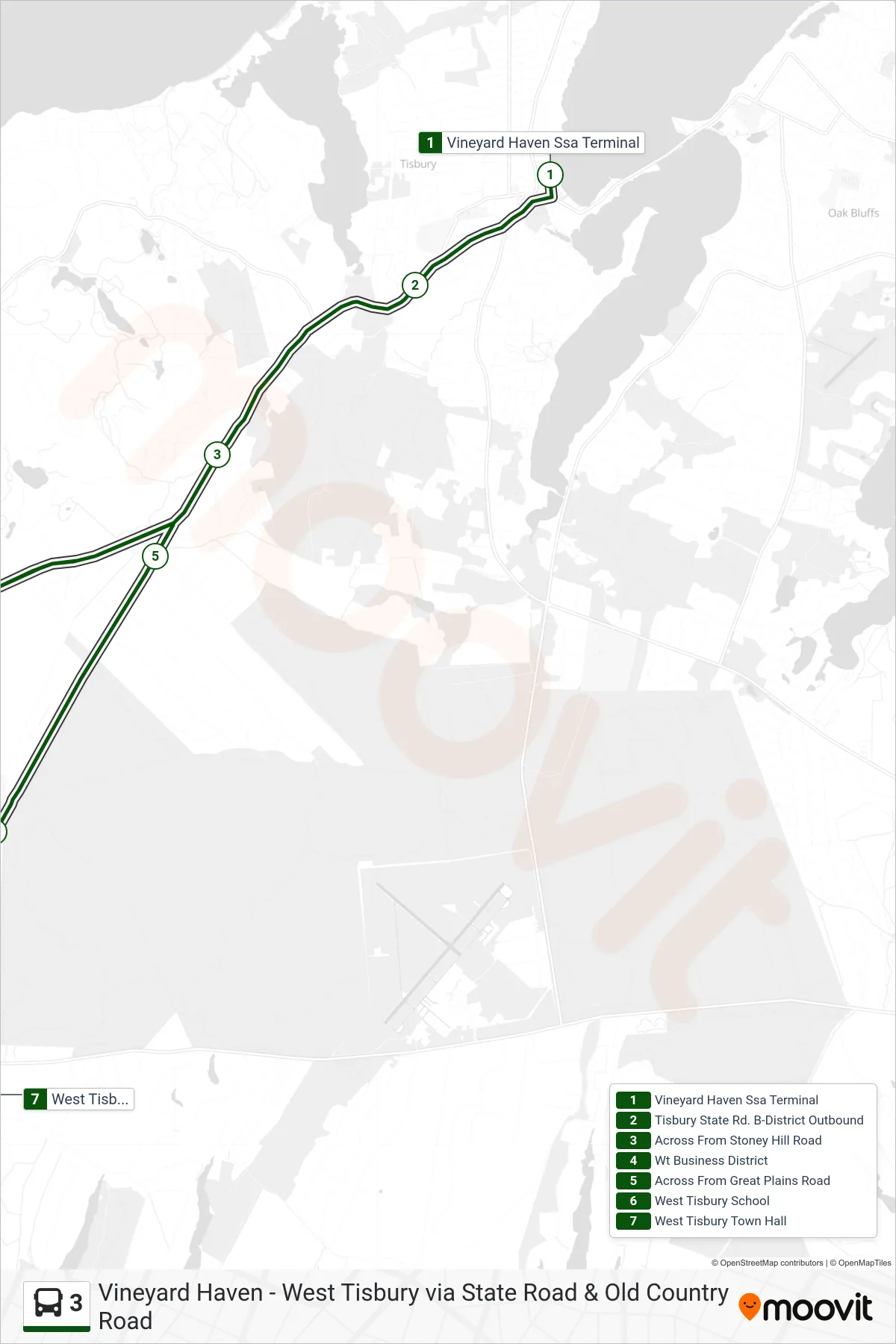3 bus Line (Vineyard Haven To West Tisbury) route and stops on a map