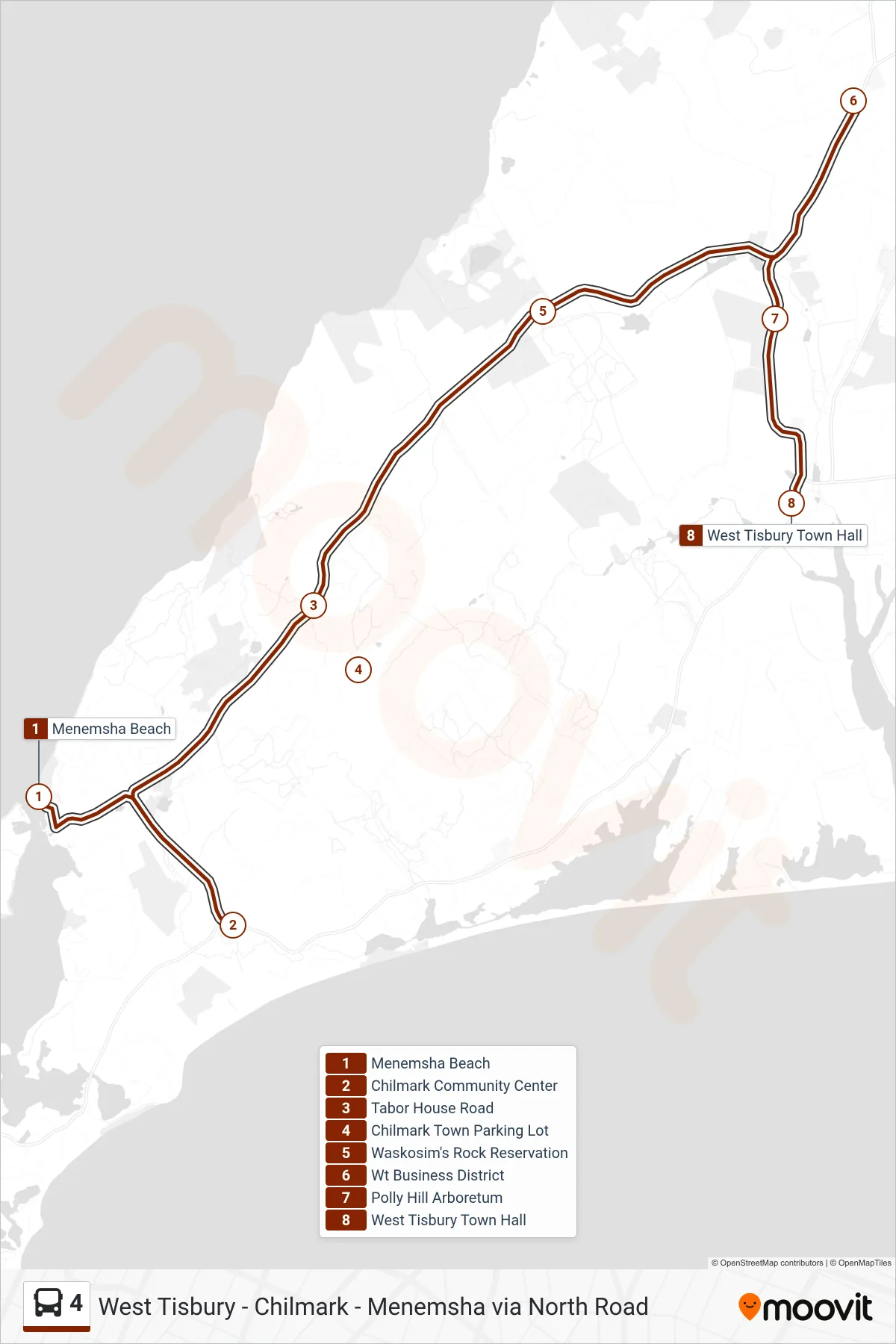 4 bus Line (Menemsha & Chilmark To West Tisbury) route and stops on a map