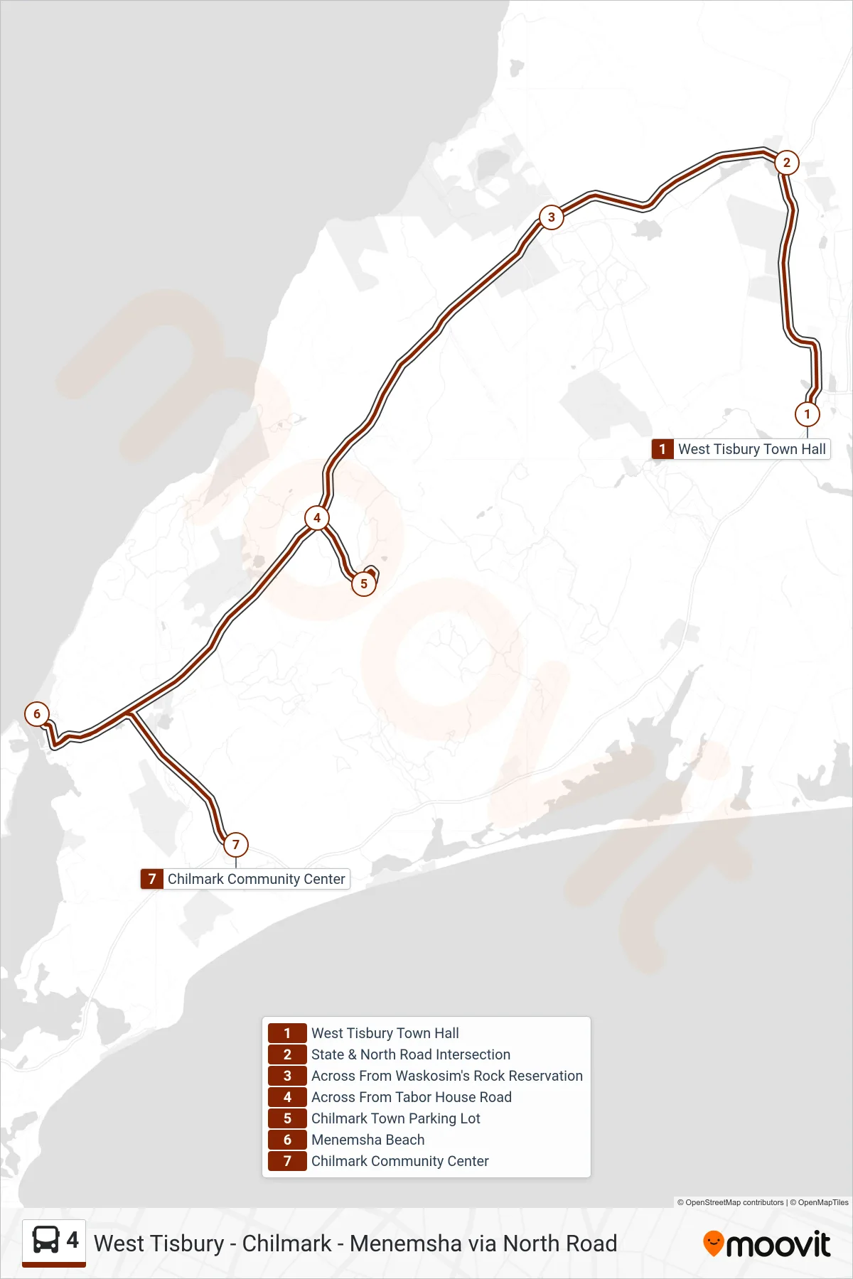 4 bus Line (West Tisbury To Menemsha & Chilmark) route and stops on a map