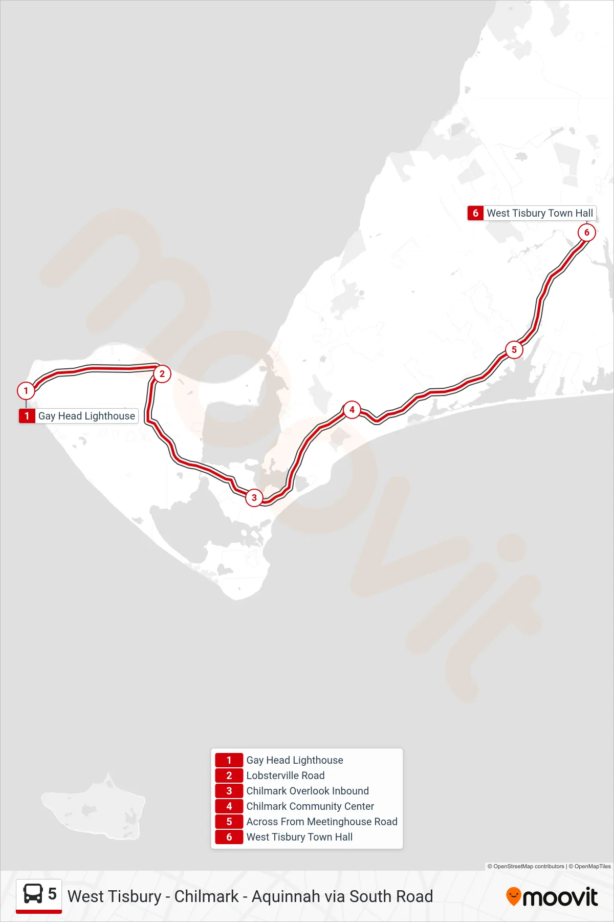 5 bus Line (Aquinnah To West Tisbury) route and stops on a map