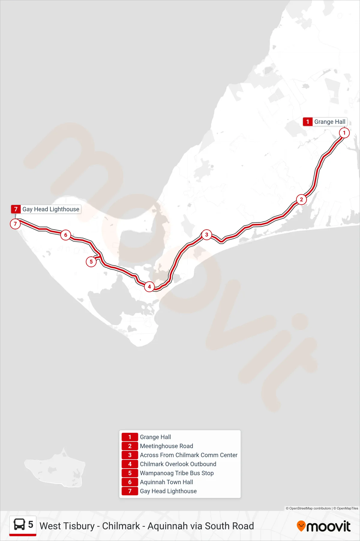 5 bus Line (West Tisbury To Aquinnah) route and stops on a map