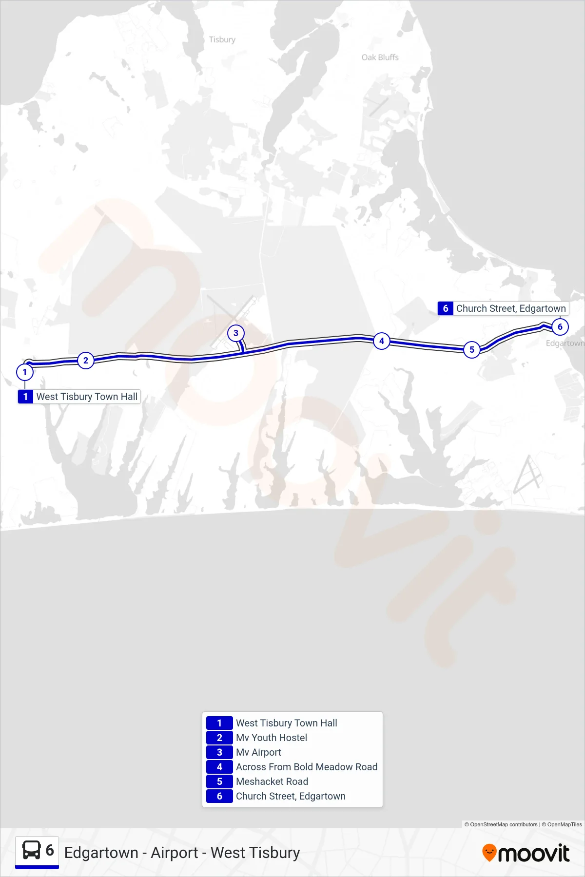 6 bus Line (West Tisbury To Edgartown) route and stops on a map