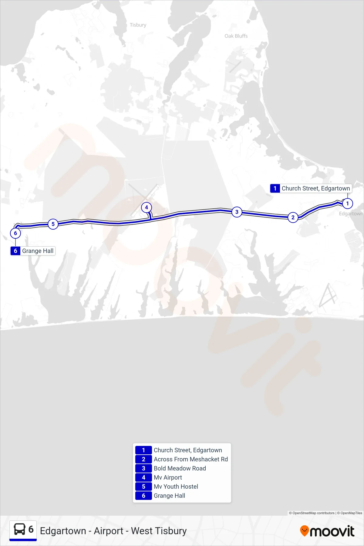 6 bus Line (Edgartown To West Tisbury) route and stops on a map