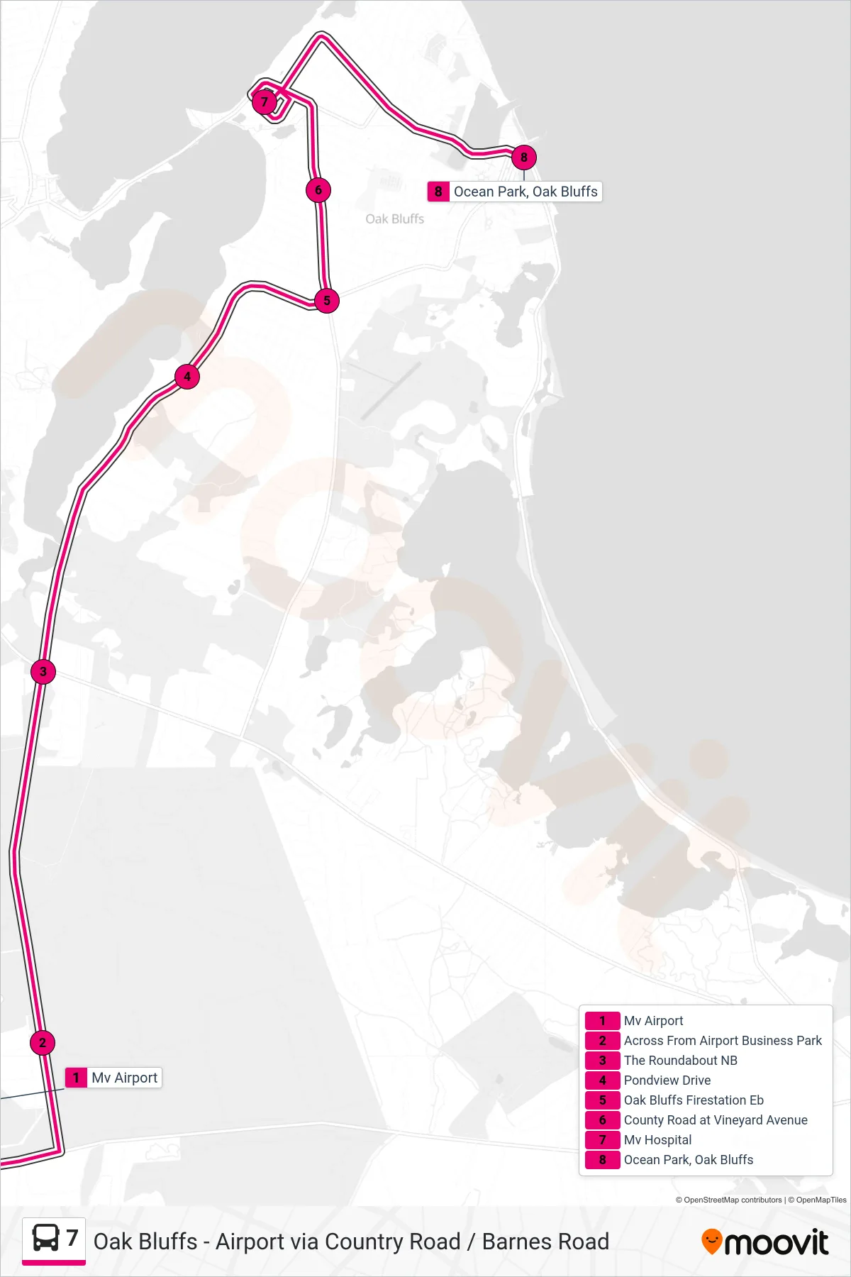 7 bus Line (Mv Airport To Oak Bluffs) route and stops on a map