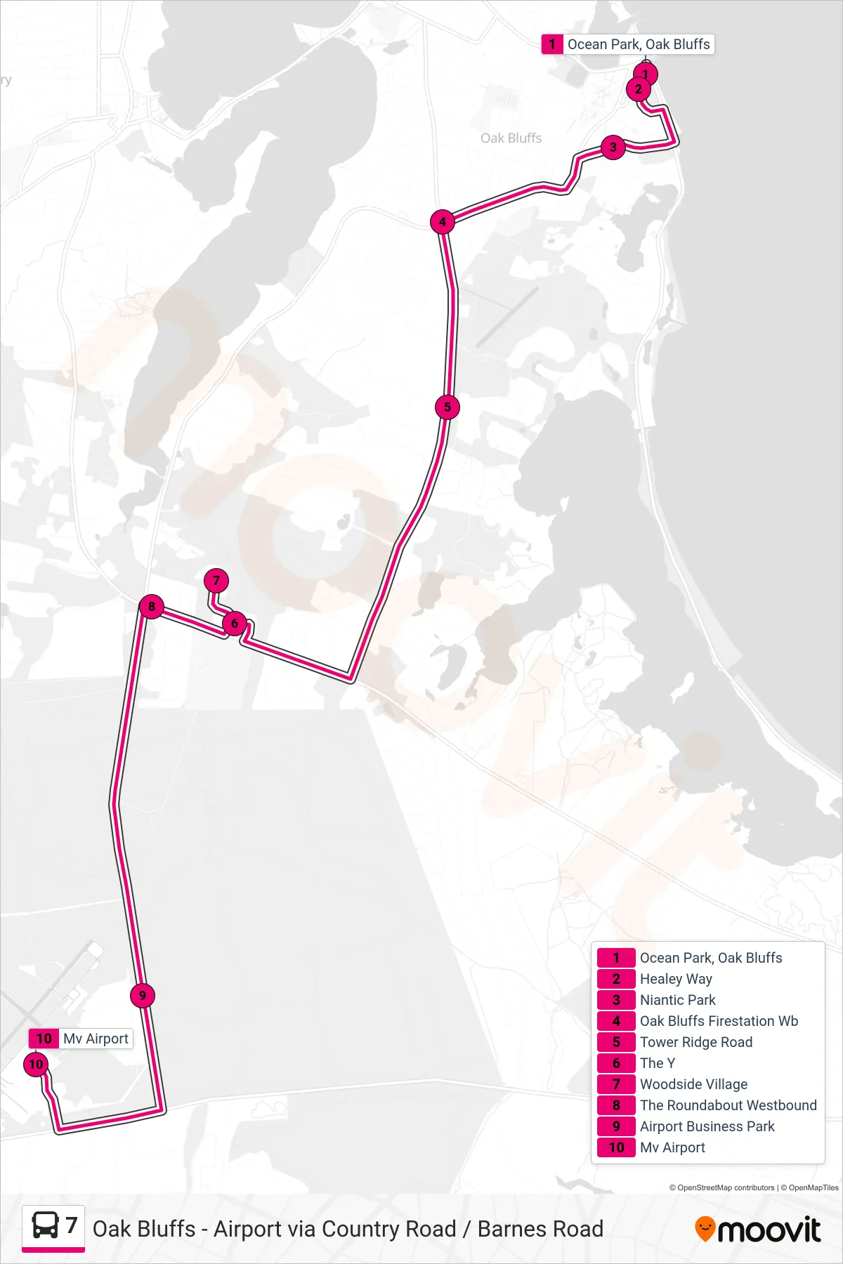 7 bus Line (Oak Bluffs To Mv Airport) route and stops on a map