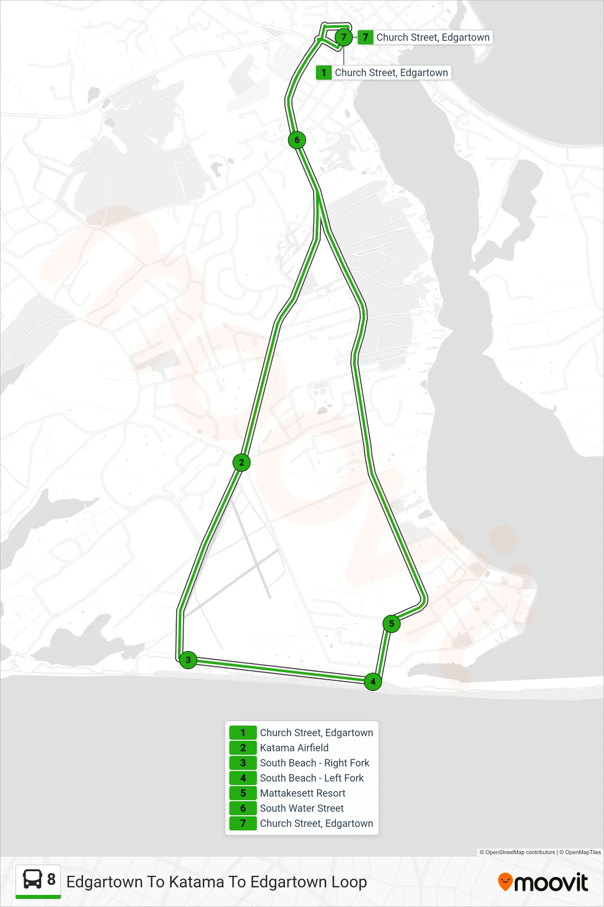 8 bus Line (Edgartown To Katama To Edgartown Loop) route and stops on a map