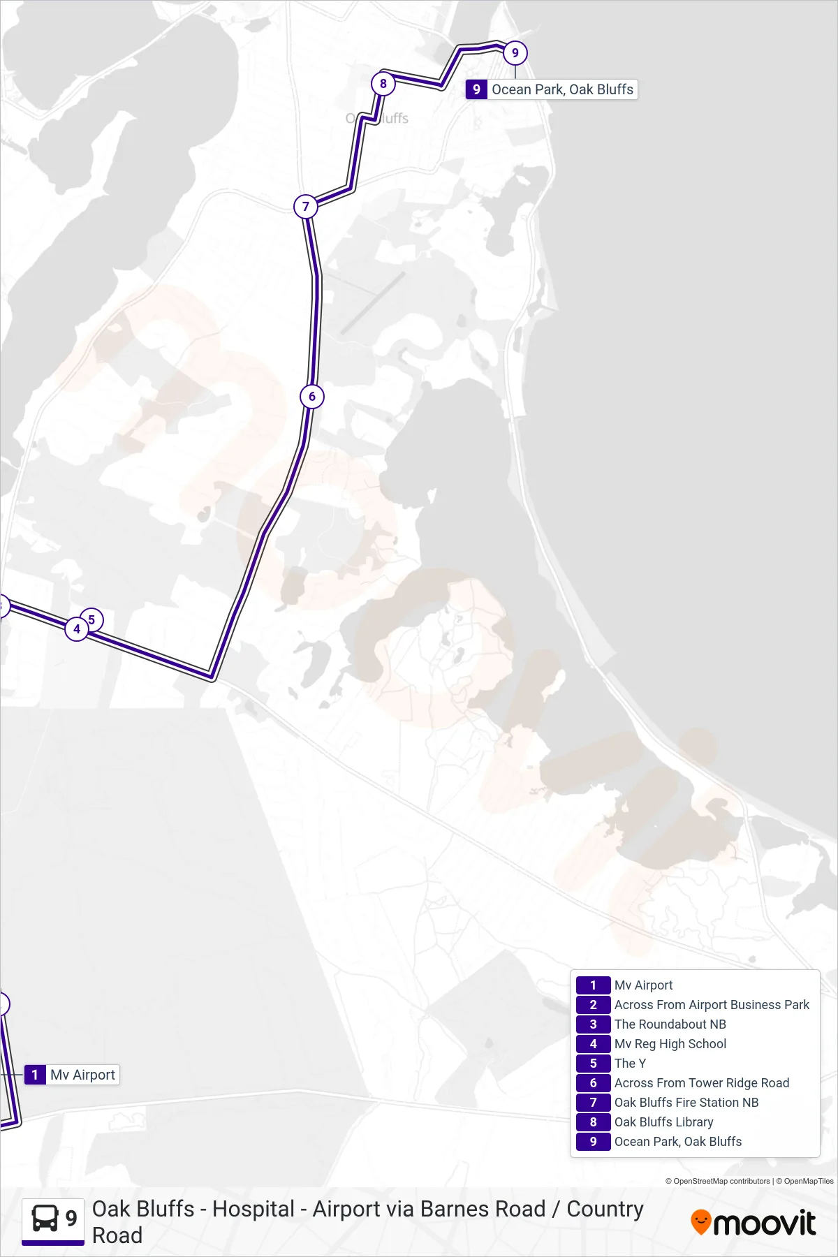 9 bus Line (Mv Airport To Oak Bluffs) route and stops on a map