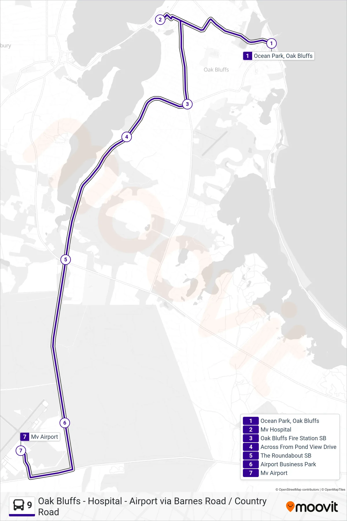 9 bus Line (Oak Bluffs To Mv Airport) route and stops on a map